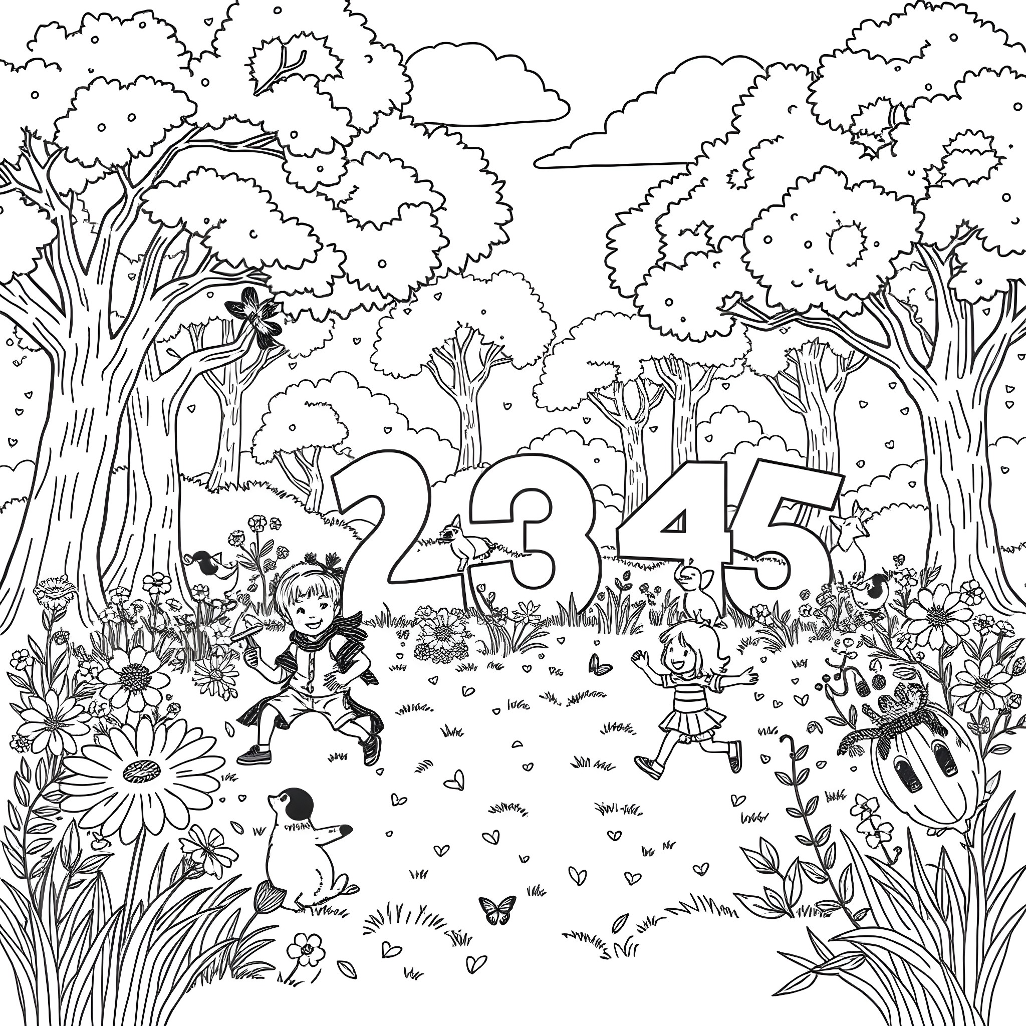 Children Playing in Enchanted Forest Coloring Page (free black-and-white line drawing printable PDF for all, from beginners to advanced learners, including children, teens, adults, and seniors)
