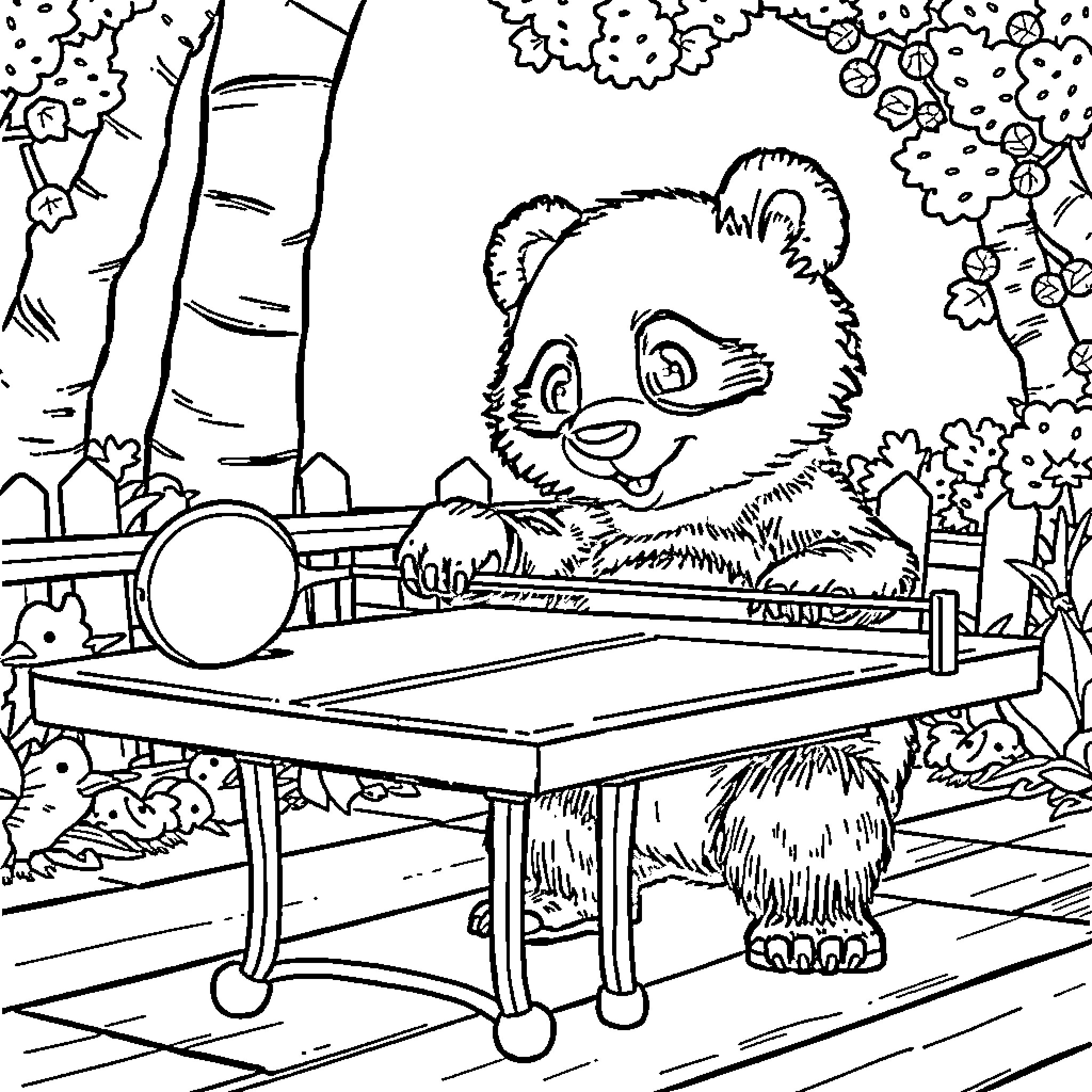 Panda playing ping pong in the park Coloring Page (free black-and-white line drawing printable PDF for all, from beginners to advanced learners, including children, teens, adults, and seniors)