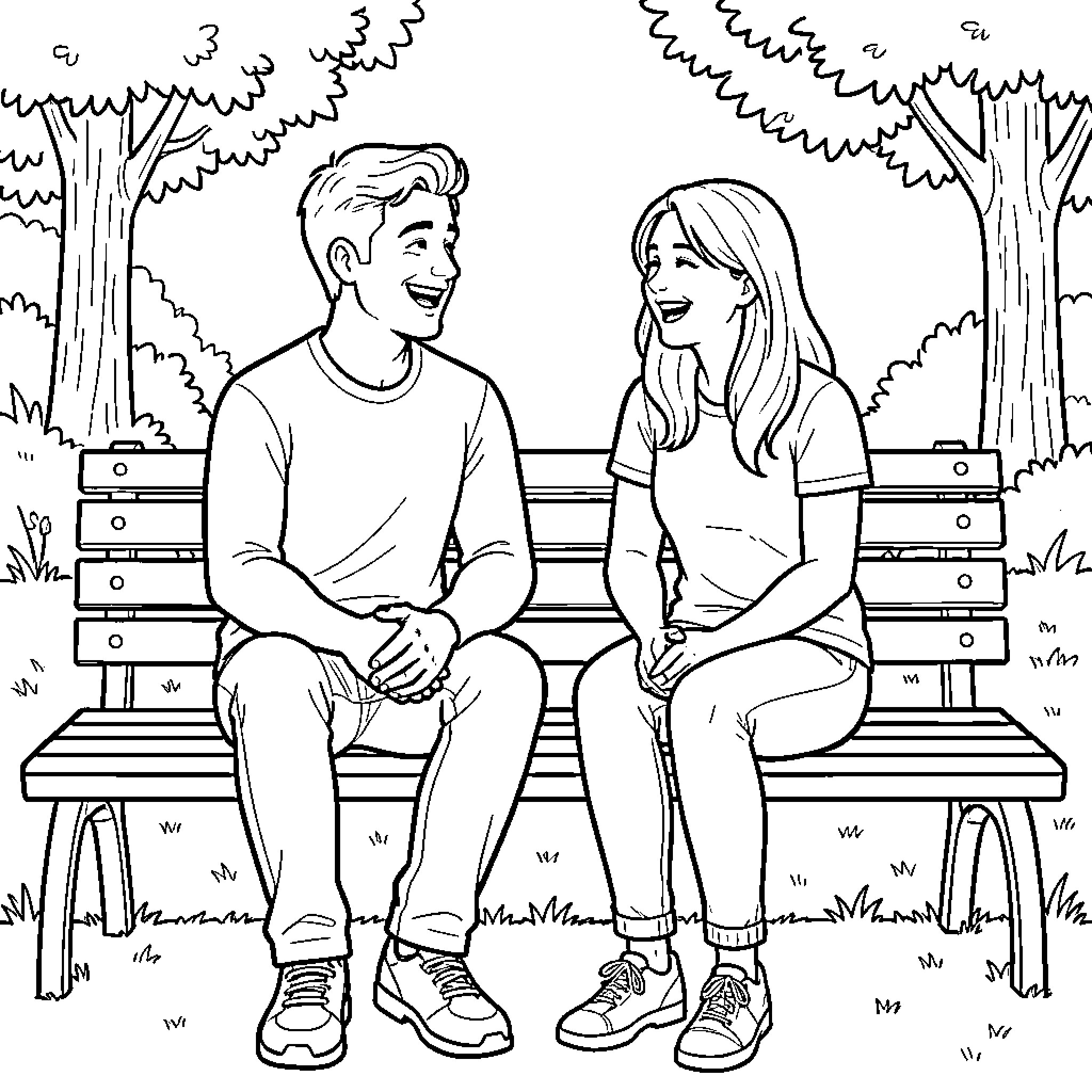 Dean and Rory laughing together on a park bench Coloring Page (free black-and-white line drawing printable PDF for all, from beginners to advanced learners, including children, teens, adults, and seniors)