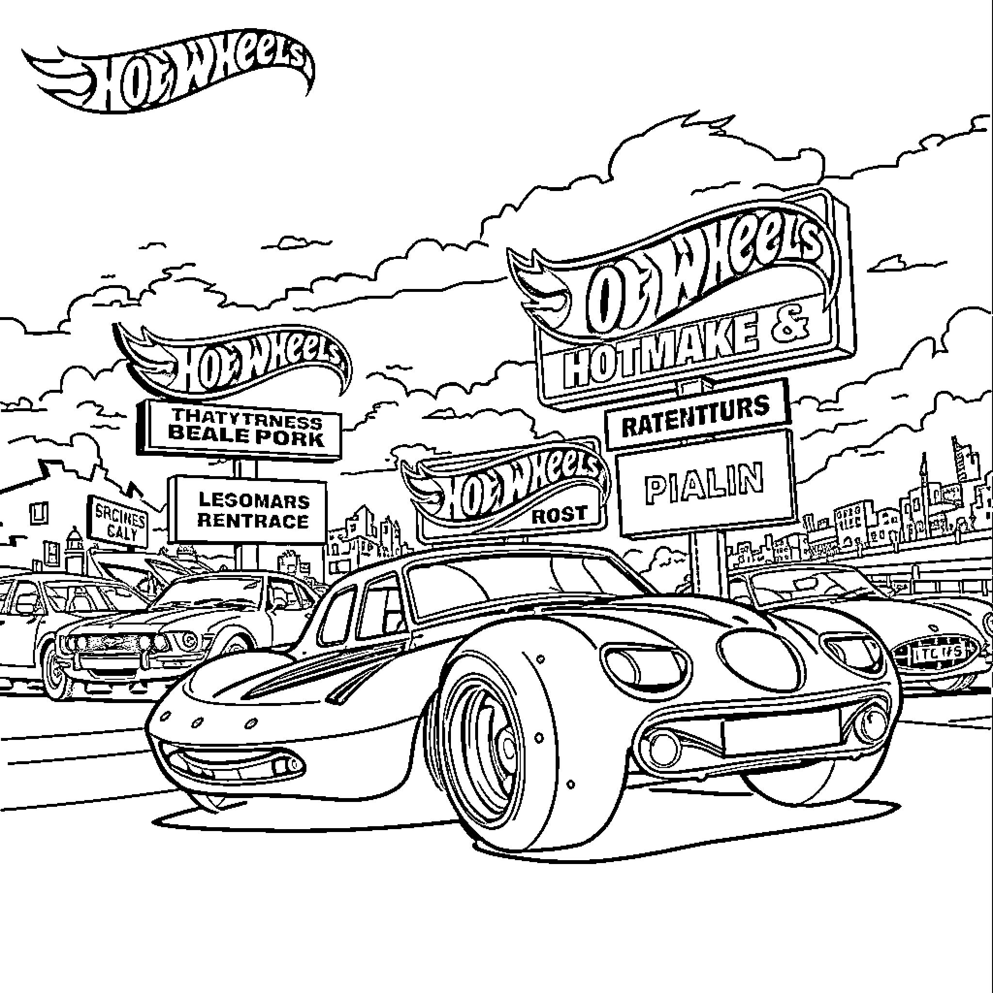 Hot Wheels Racing Cars in the City Coloring Page (free black-and-white line drawing printable PDF for all, from beginners to advanced learners, including children, teens, adults, and seniors)