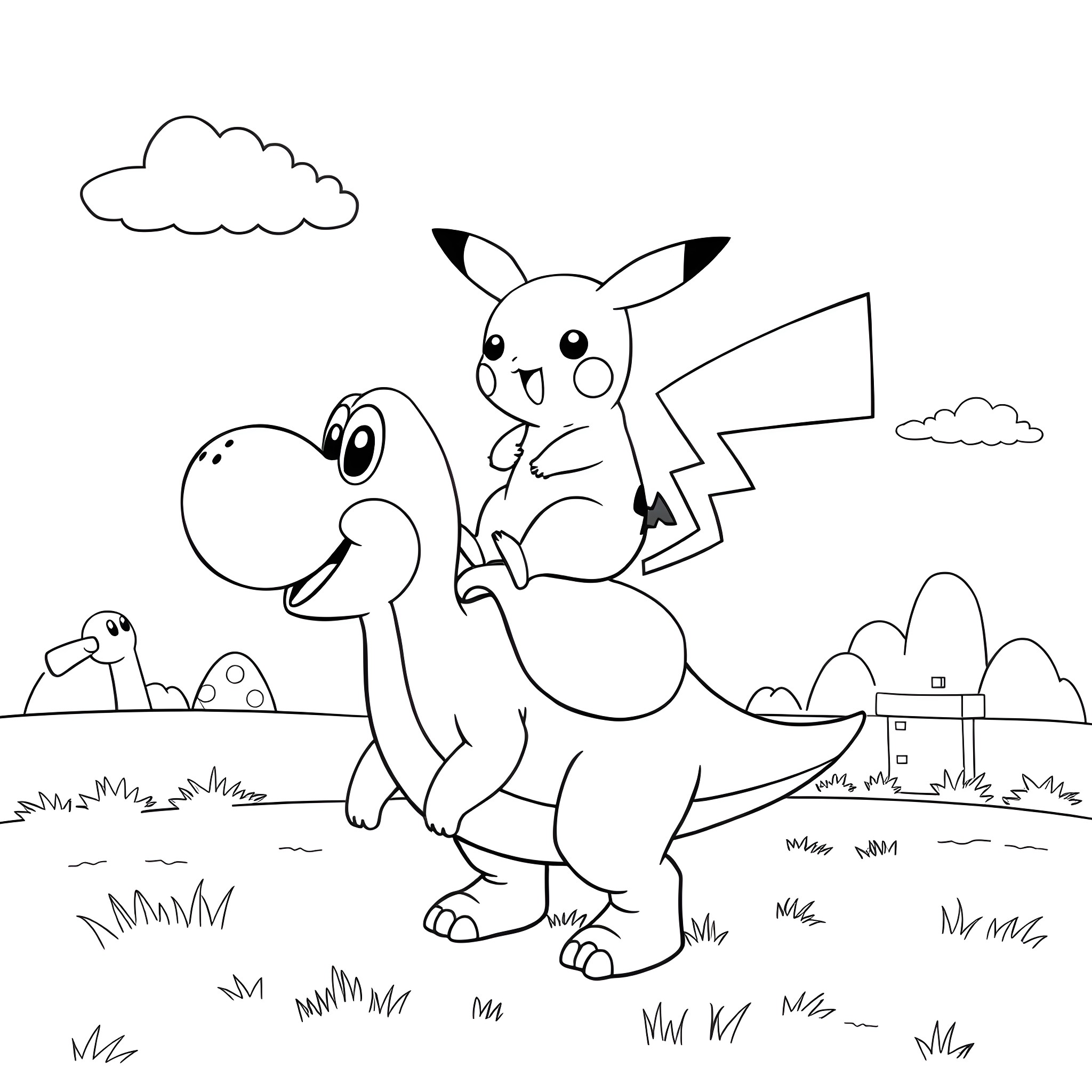 Pikachu riding a friendly dinosaur in a peaceful landscape Coloring Page (free black-and-white line drawing printable PDF for all, from beginners to advanced learners, including children, teens, adults, and seniors)