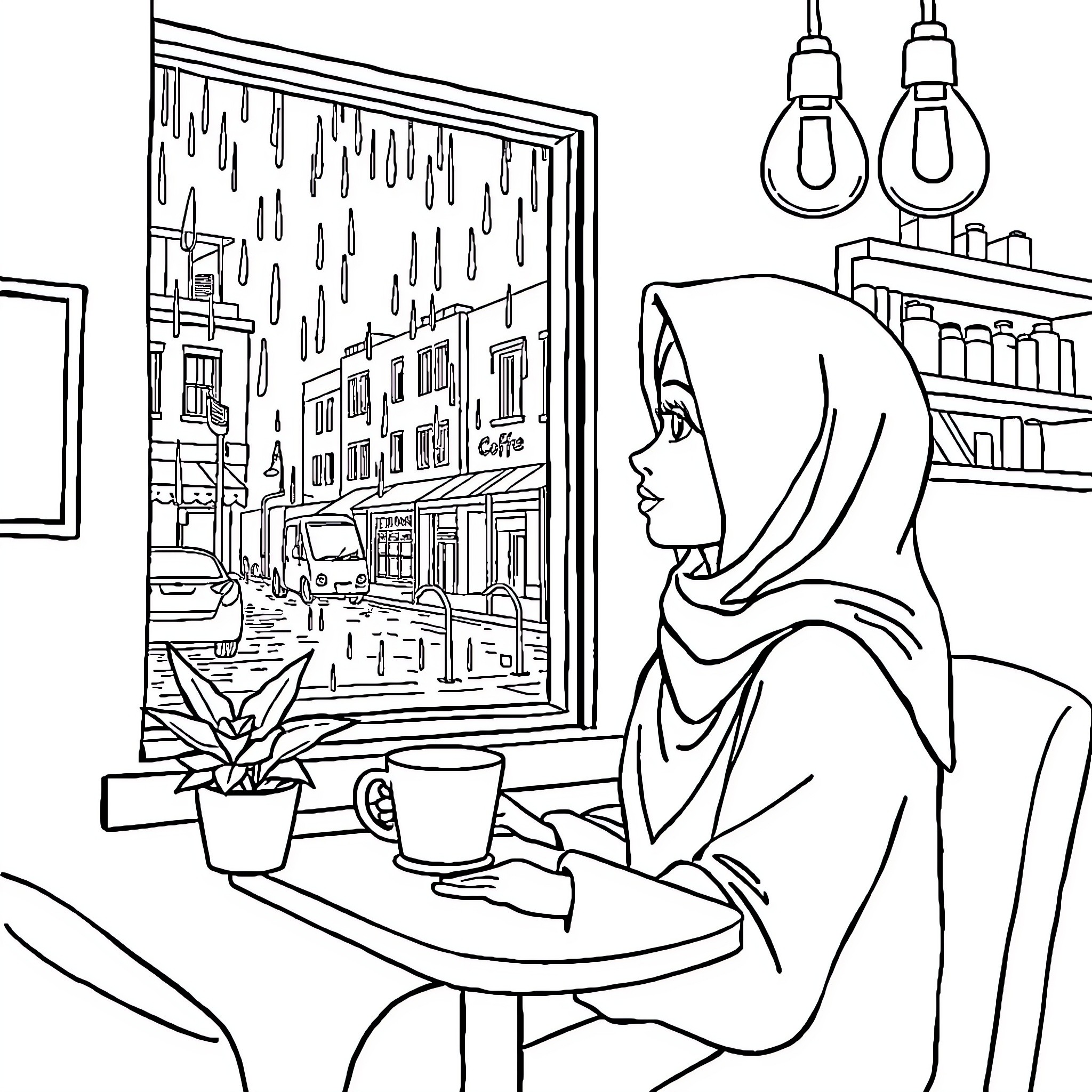 Girl in Cafe Enjoying Coffee and Cityscape Coloring Page (free black-and-white line drawing printable PDF for all, from beginners to advanced learners, including children, teens, adults, and seniors)
