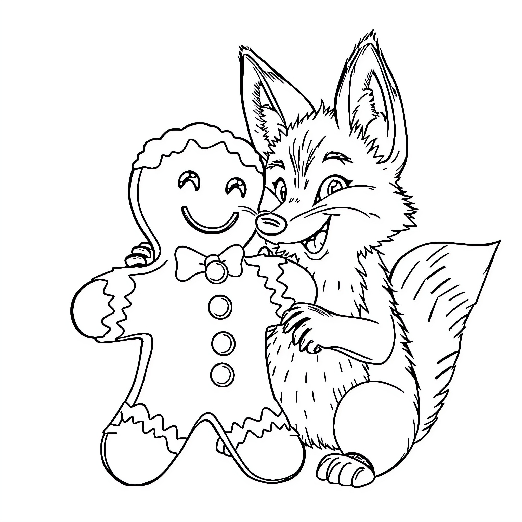 Gingerbread Man with Playful Fox Coloring Page (free black-and-white line drawing printable PDF for all, from beginners to advanced learners, including children, teens, adults, and seniors)