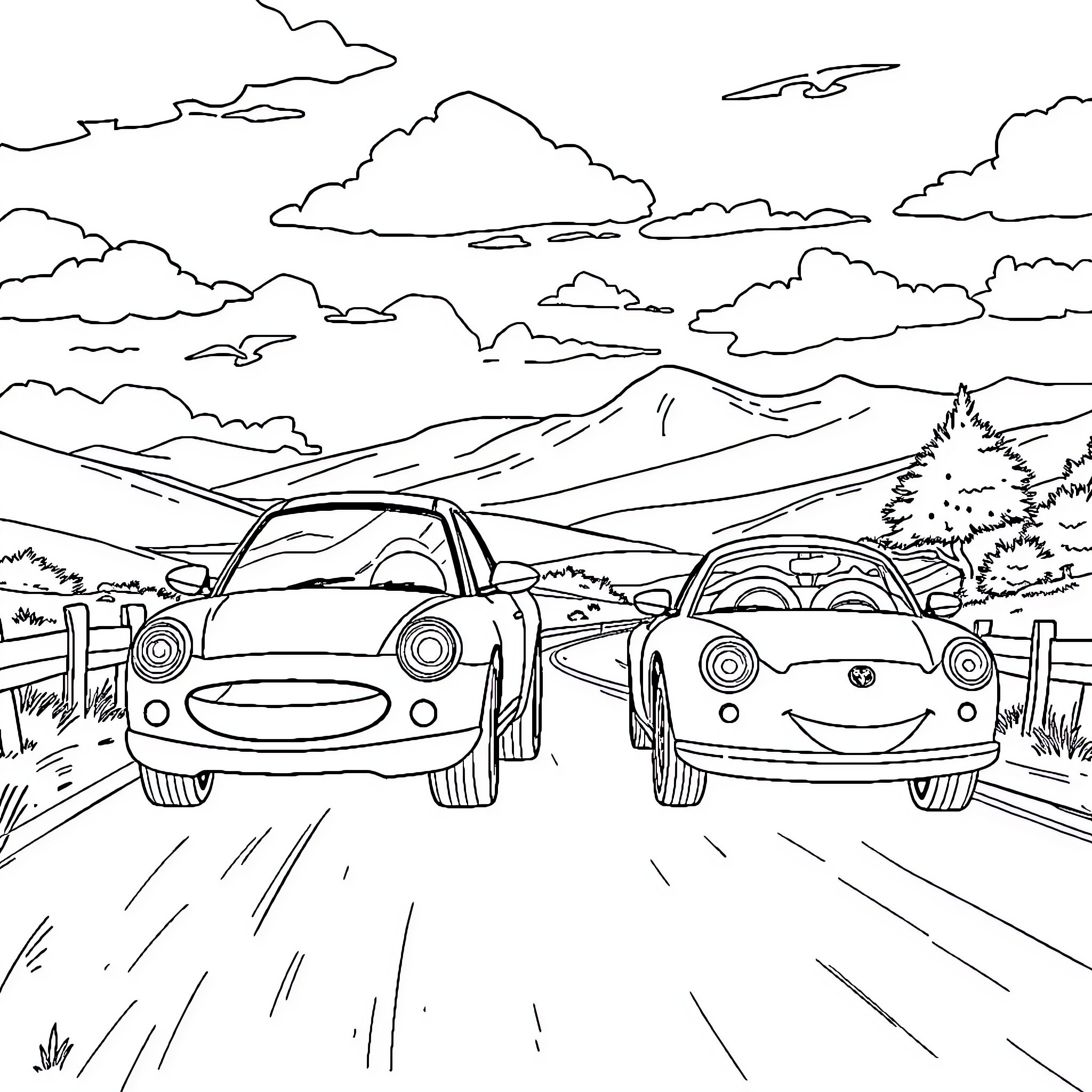 Cars driving along scenic mountain road Coloring Page (free black-and-white line drawing printable PDF for all, from beginners to advanced learners, including children, teens, adults, and seniors)