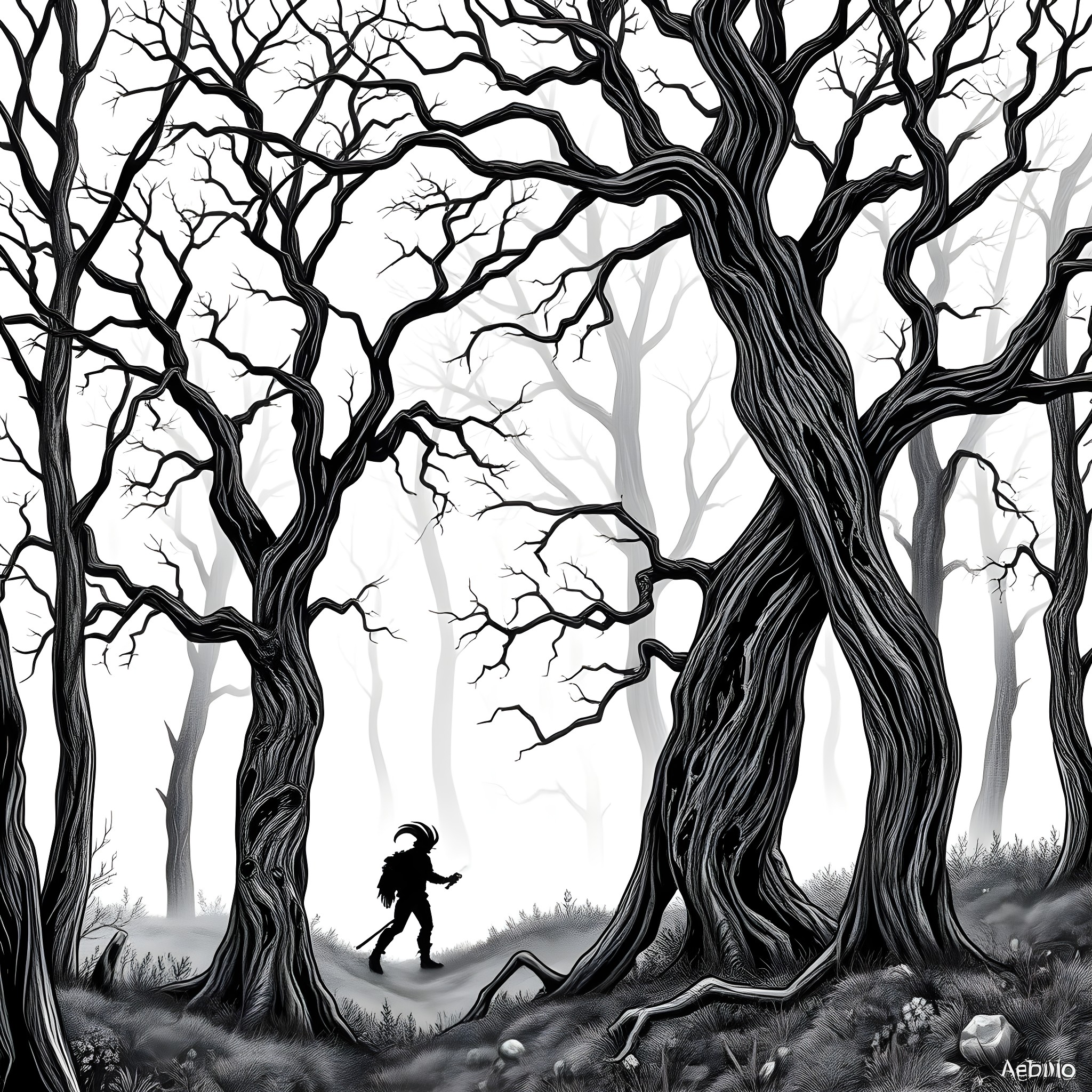 Wendigo stalking a lone figure in the haunted forest Coloring Page (free black-and-white line drawing printable PDF for all, from beginners to advanced learners, including children, teens, adults, and seniors)
