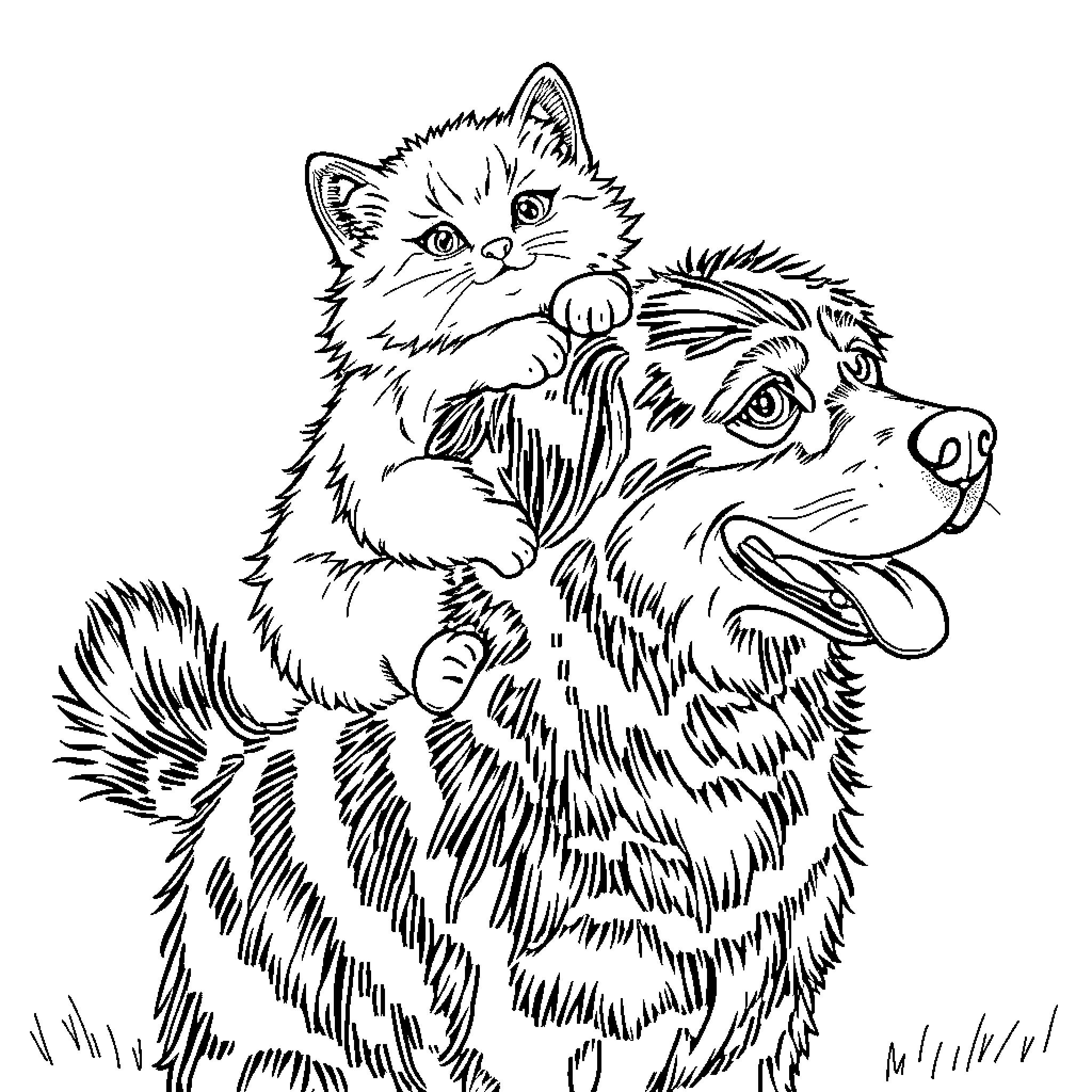 Cat Cuddling Fluffy Dog Coloring Page (free black-and-white line drawing printable PDF for all, from beginners to advanced learners, including children, teens, adults, and seniors)