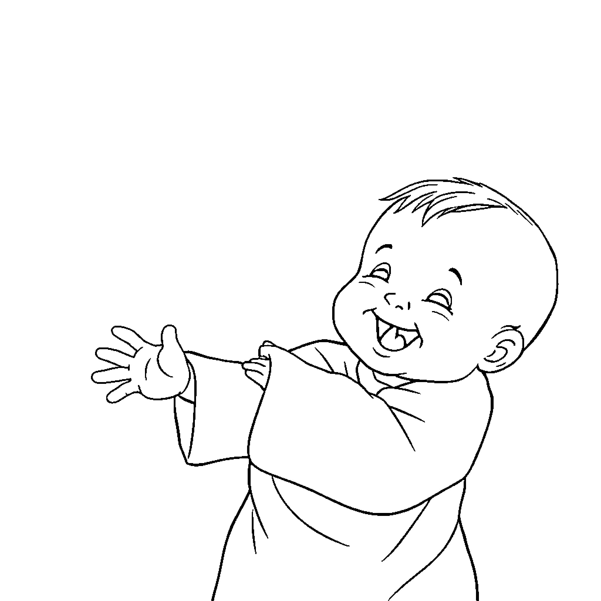 Baby joyfully waving and smiling Coloring Page (free black-and-white line drawing printable PDF for all, from beginners to advanced learners, including children, teens, adults, and seniors)