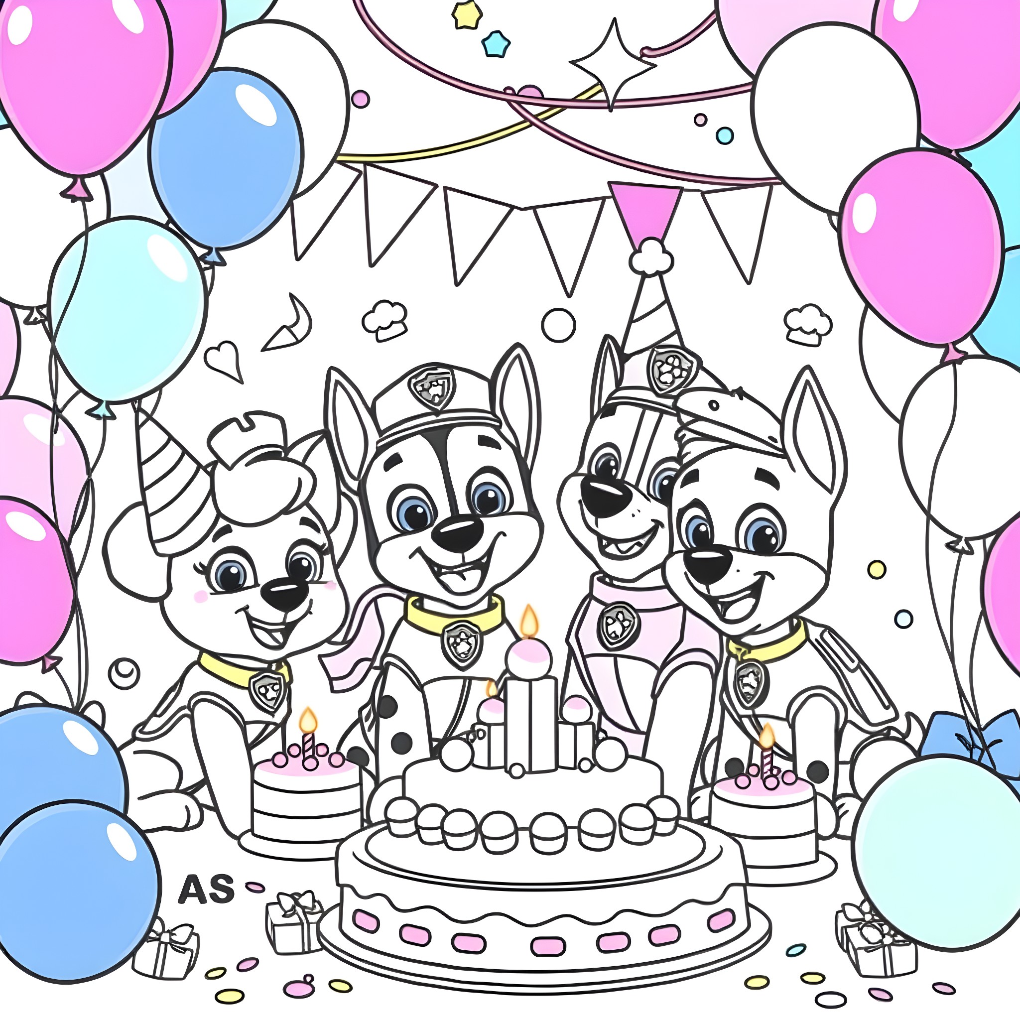 Paw Patrol Celebrating a Party with Balloons Coloring Page (free black-and-white line drawing printable PDF for all, from beginners to advanced learners, including children, teens, adults, and seniors)