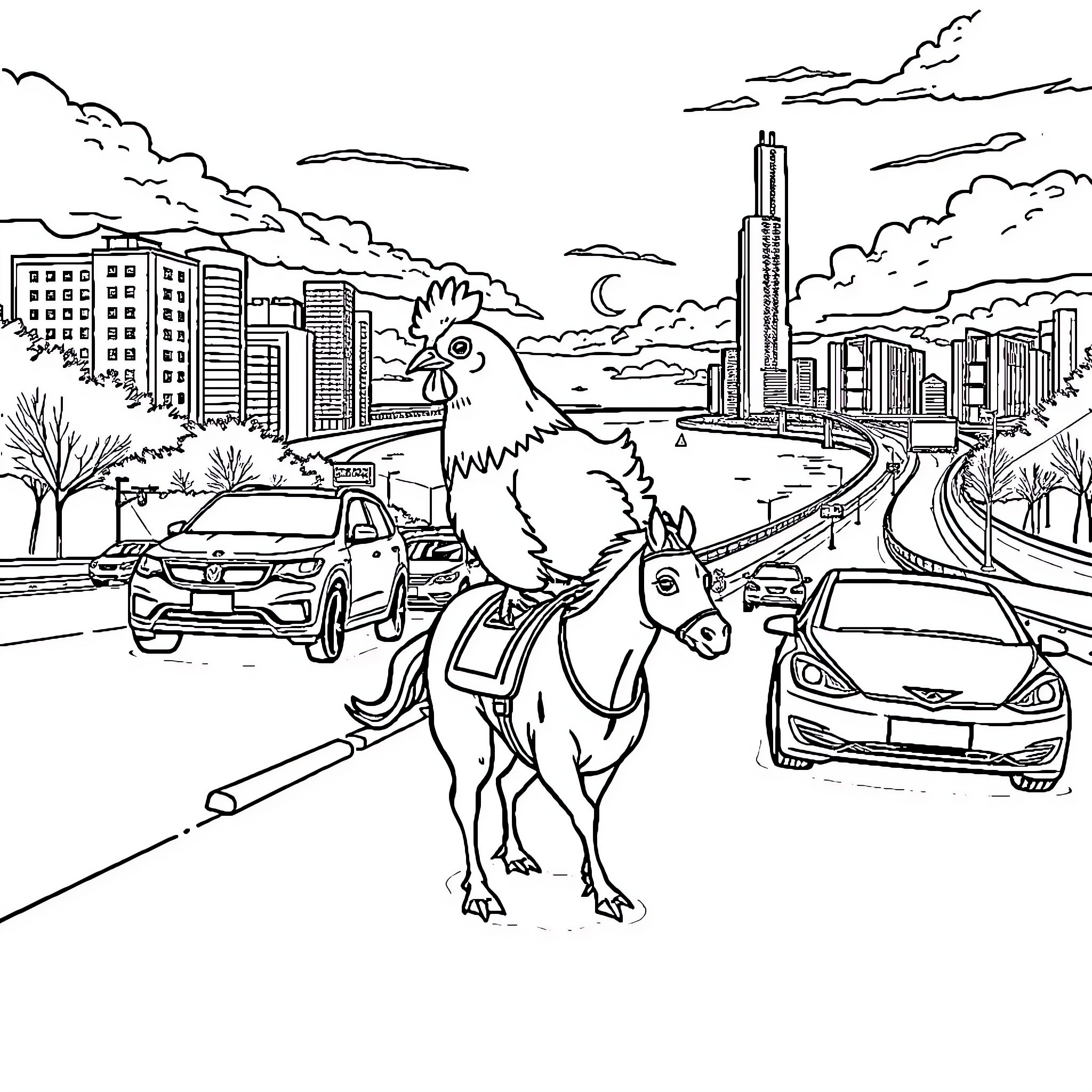 Chicken riding a donkey in the city Coloring Page (free black-and-white line drawing printable PDF for all, from beginners to advanced learners, including children, teens, adults, and seniors)