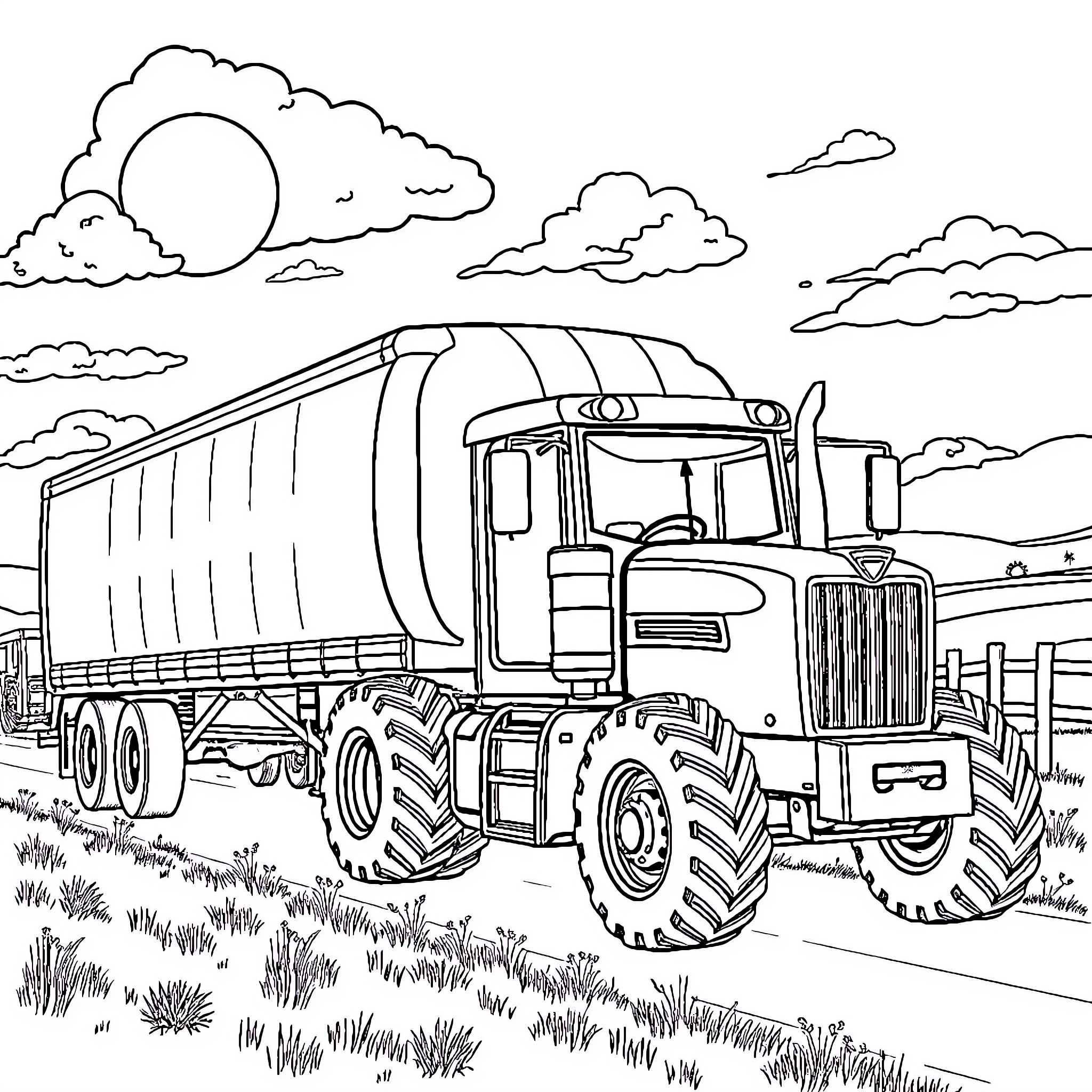 Tractor Trailer Transporting Goods Across Countryside Coloring Page (free black-and-white line drawing printable PDF for all, from beginners to advanced learners, including children, teens, adults, and seniors)
