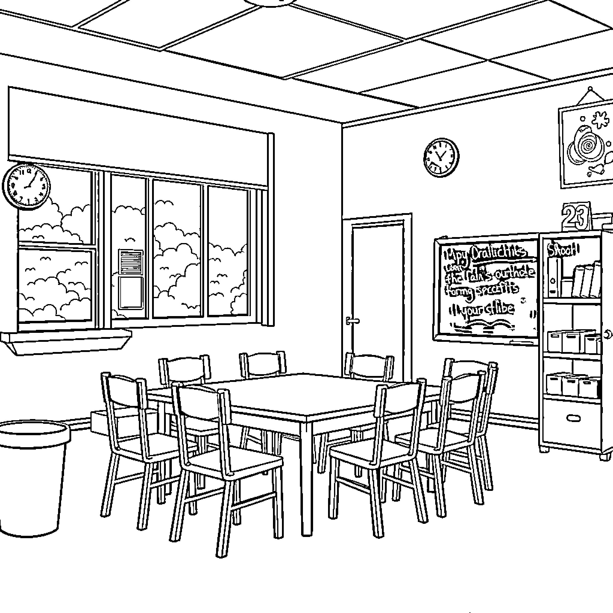 Classroom with Desk and Chairs Coloring Page (free black-and-white line drawing printable PDF for all, from beginners to advanced learners, including children, teens, adults, and seniors)