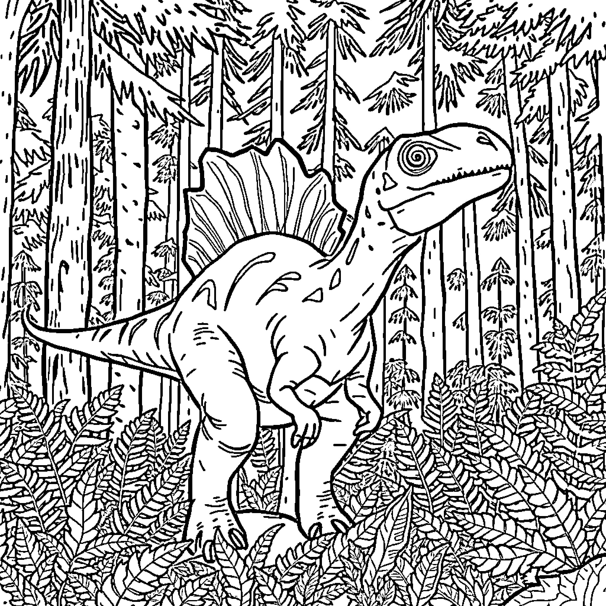 Corythosaurus exploring the prehistoric forest Coloring Page (free black-and-white line drawing printable PDF for all, from beginners to advanced learners, including children, teens, adults, and seniors)