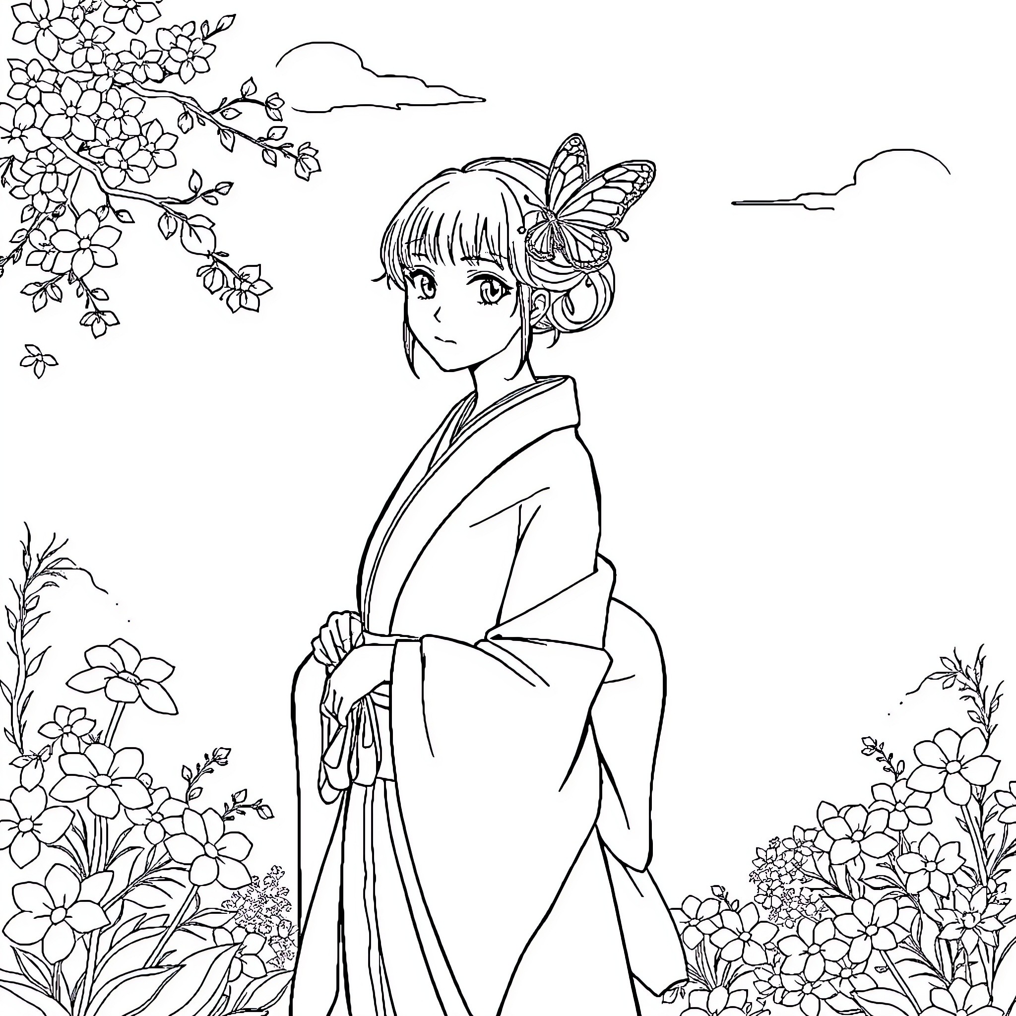 Shinobu in a tranquil garden with a butterfly Coloring Page (free black-and-white line drawing printable PDF for all, from beginners to advanced learners, including children, teens, adults, and seniors)
