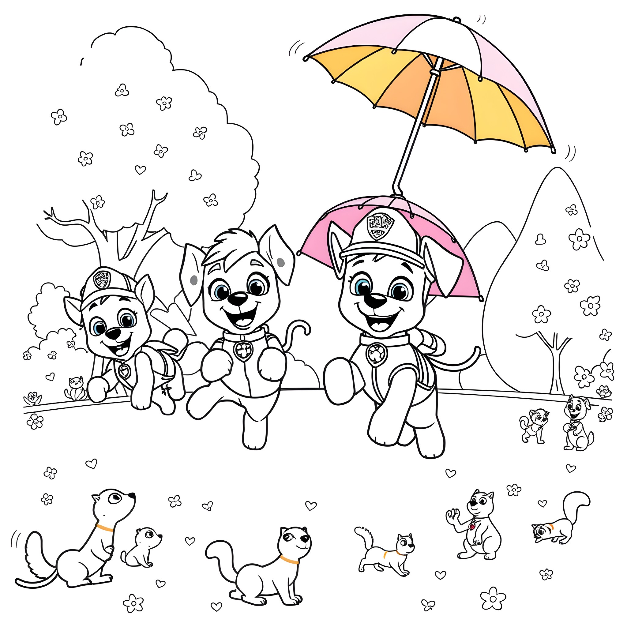 Paw Patrol characters playing in the rain Coloring Page (free black-and-white line drawing printable PDF for all, from beginners to advanced learners, including children, teens, adults, and seniors)