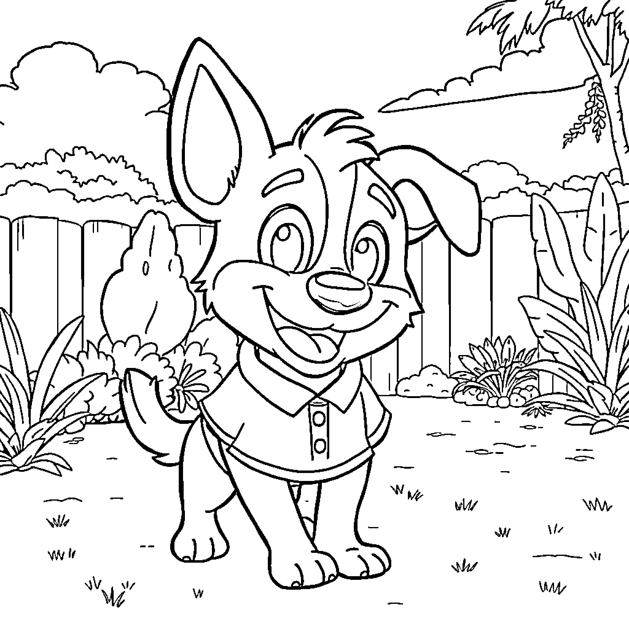 Tiki Dog Enjoying the Outdoors Coloring Page (free black-and-white line drawing printable PDF for all, from beginners to advanced learners, including children, teens, adults, and seniors)