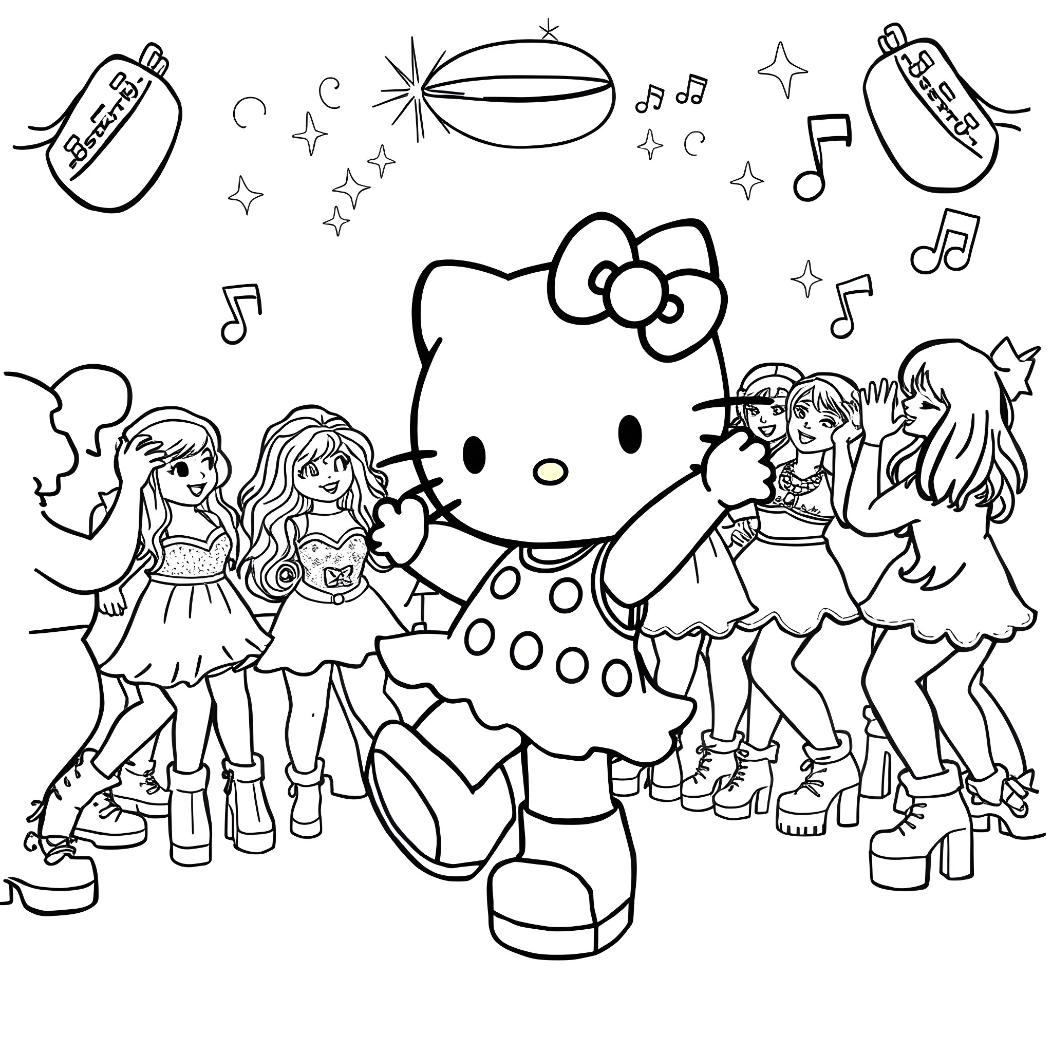 Hello Kitty and friends at a music concert Coloring Page (free black-and-white line drawing printable PDF for all, from beginners to advanced learners, including children, teens, adults, and seniors)