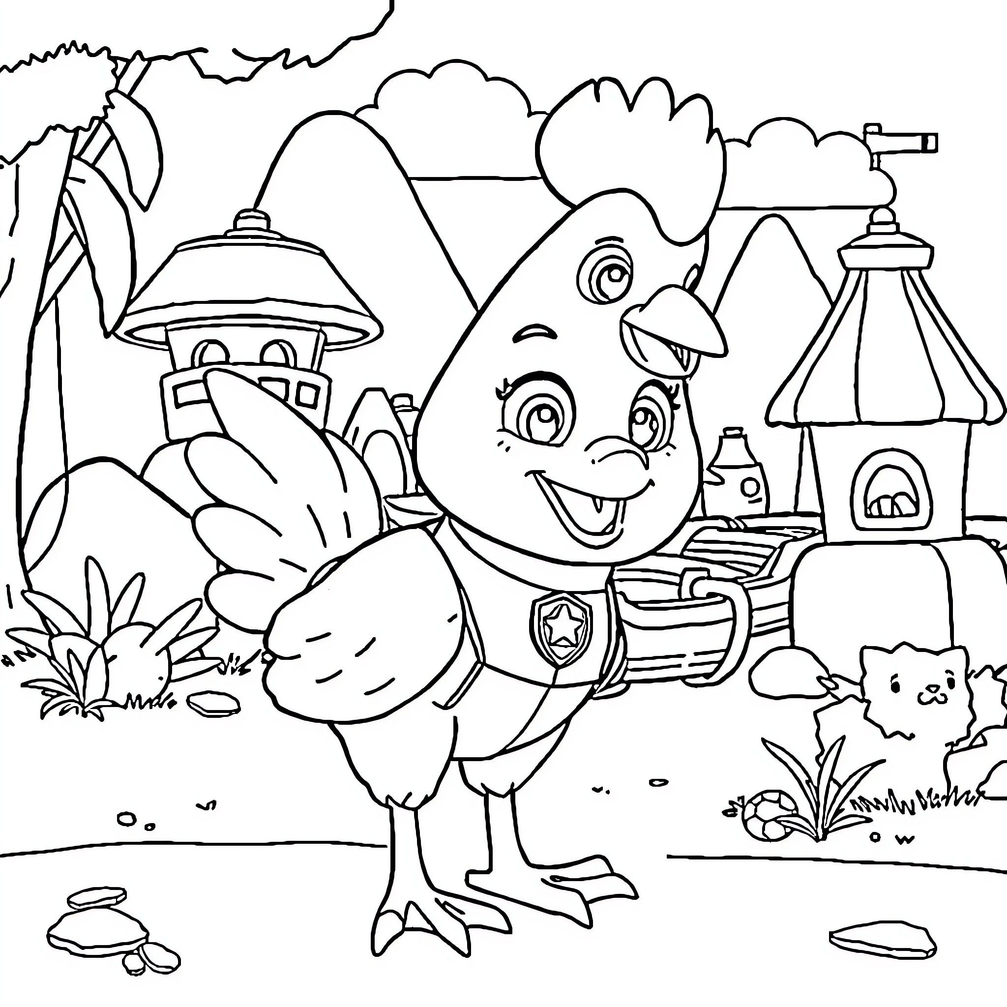 Chickoletta's Adventurous Backyard Explorations Coloring Page (free black-and-white line drawing printable PDF for all, from beginners to advanced learners, including children, teens, adults, and seniors)