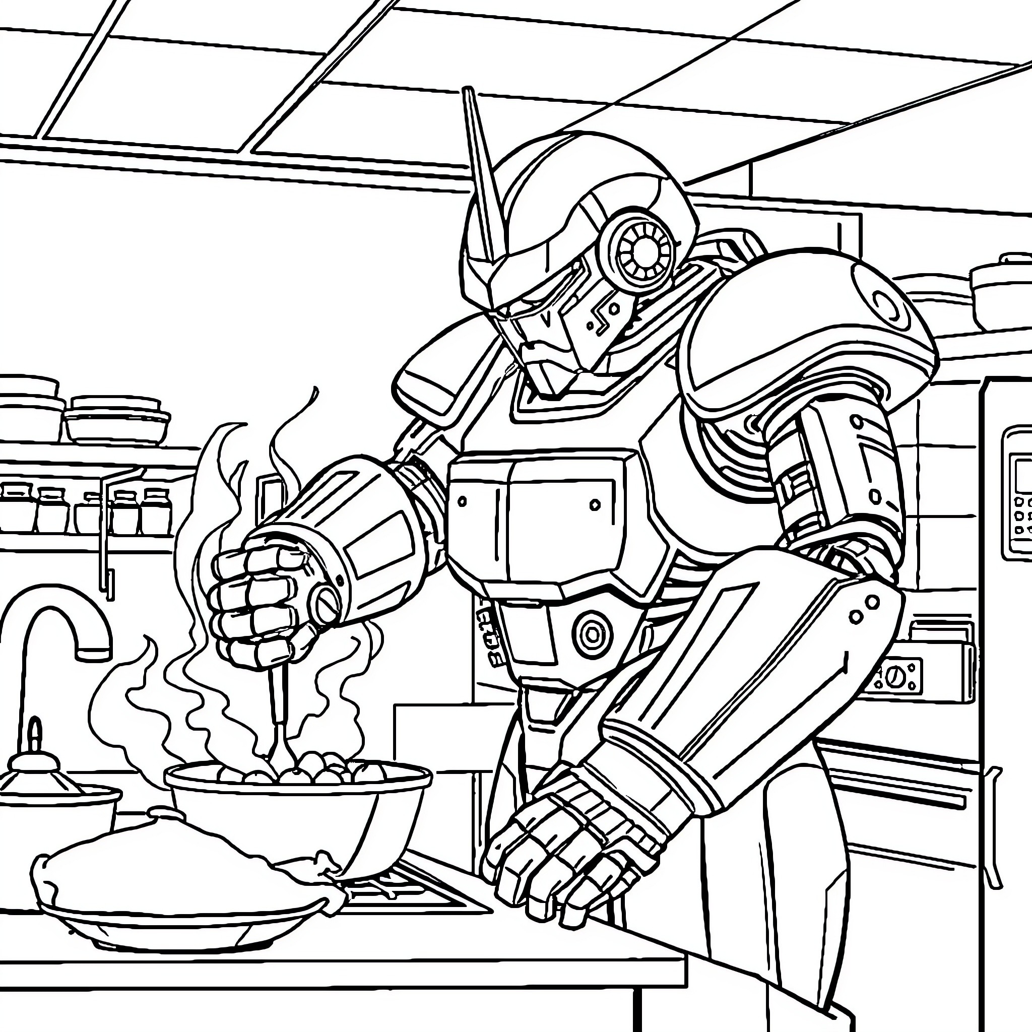 Goldorak cooking in the kitchen with futuristic equipment Coloring Page (free black-and-white line drawing printable PDF for all, from beginners to advanced learners, including children, teens, adults, and seniors)