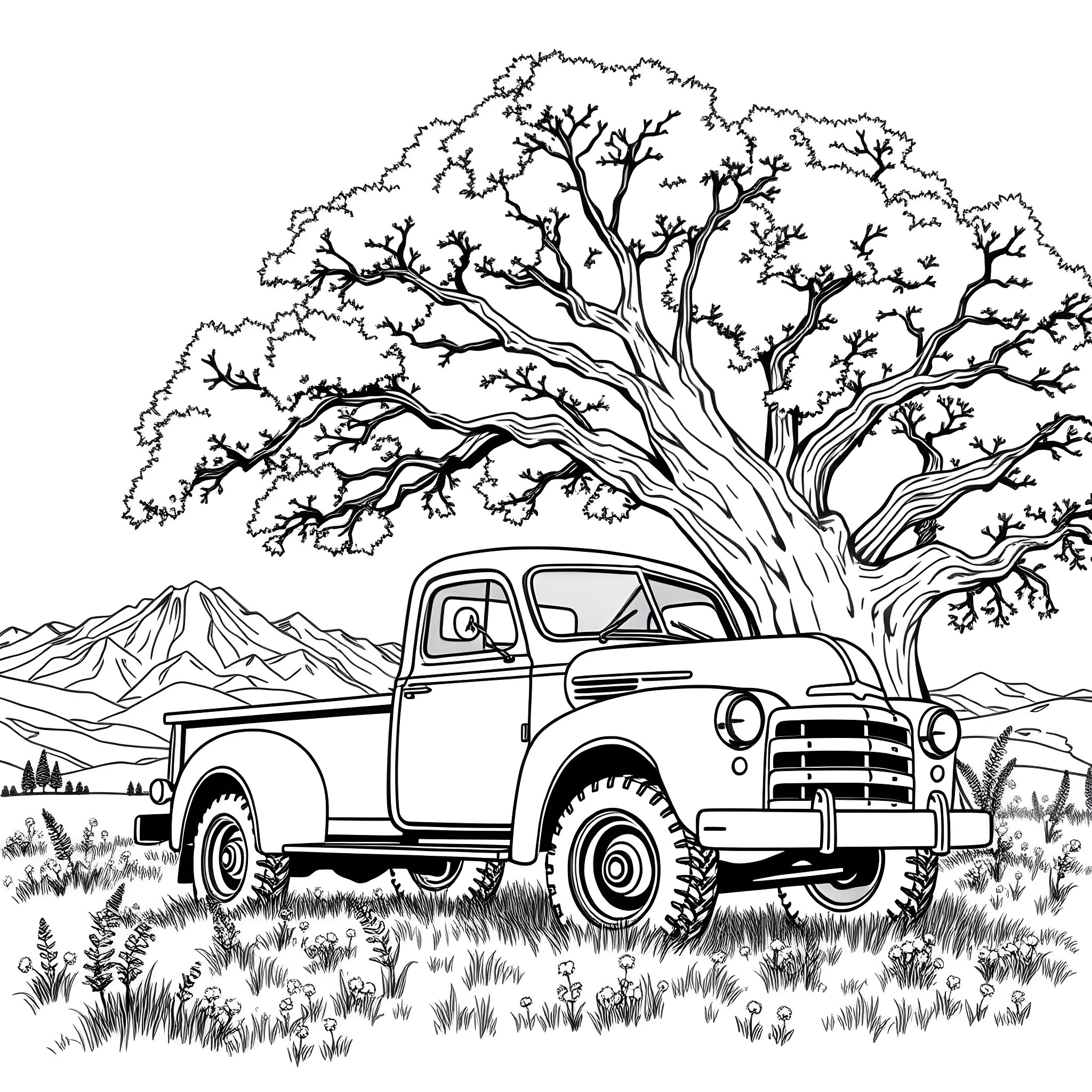 Truck parked under a large tree in a scenic landscape Coloring Page (free black-and-white line drawing printable PDF for all, from beginners to advanced learners, including children, teens, adults, and seniors)