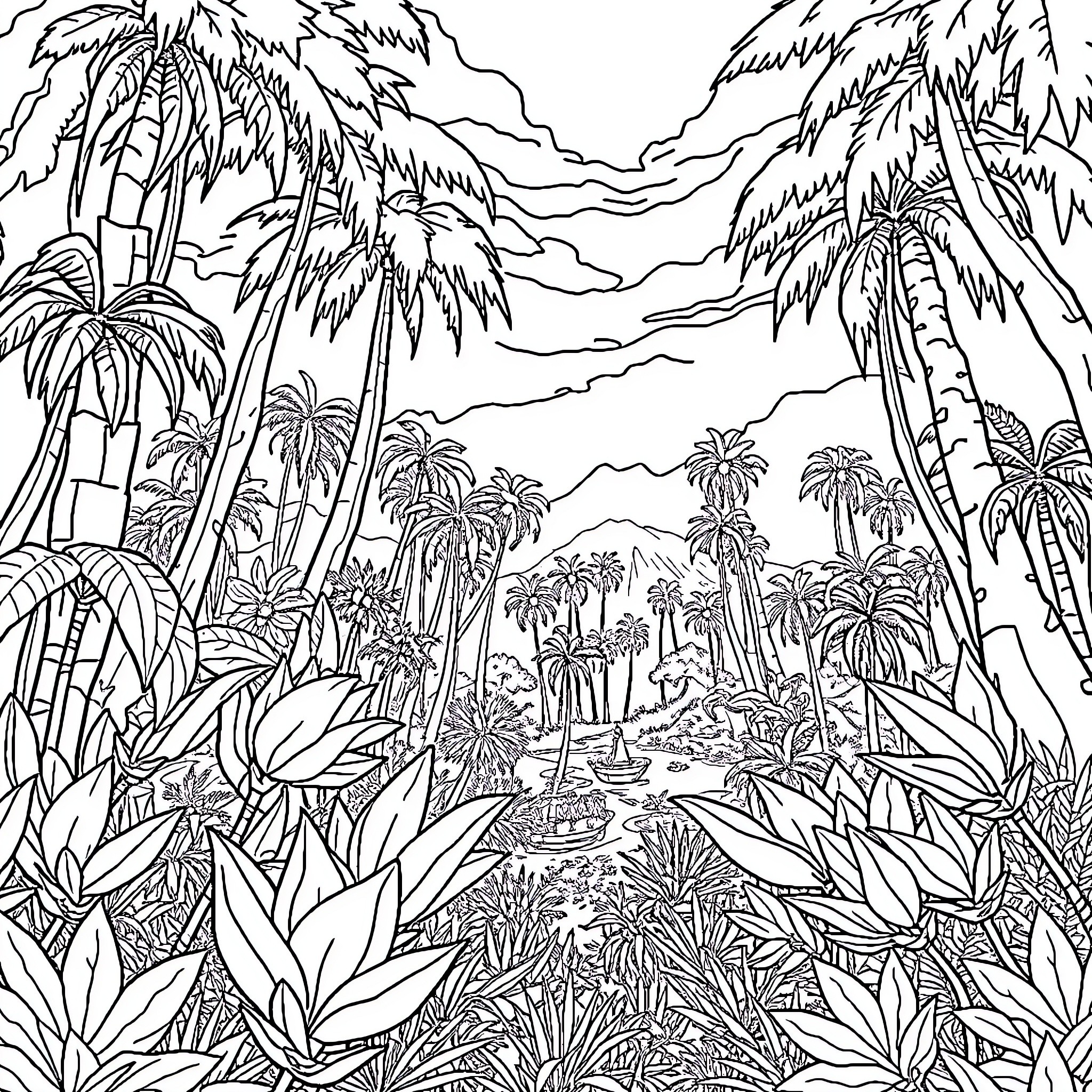 Fortnite Tropical Jungle Landscape Coloring Page (free black-and-white line drawing printable PDF for all, from beginners to advanced learners, including children, teens, adults, and seniors)