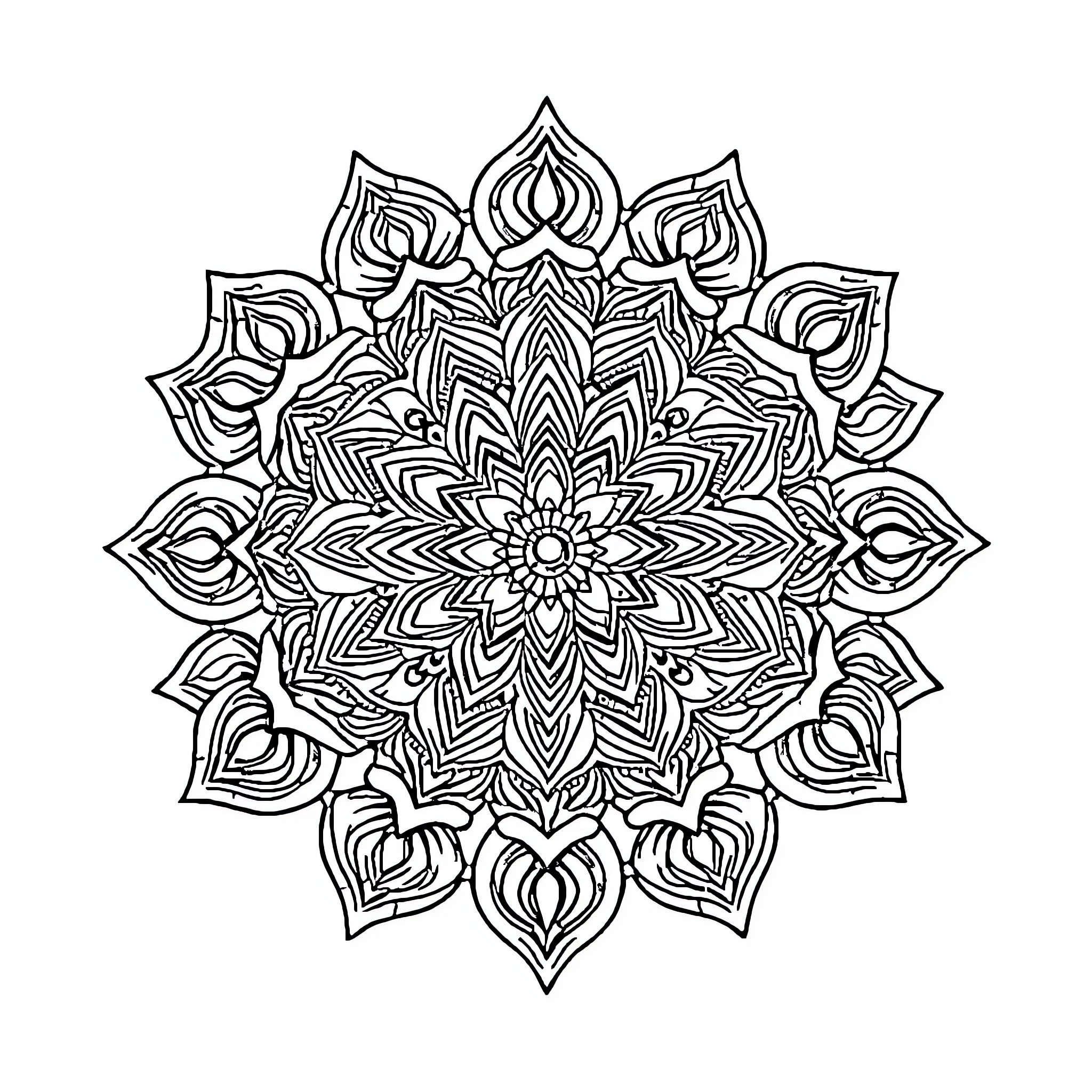 Mandalas of intricate floral patterns Coloring Page (free black-and-white line drawing printable PDF for all, from beginners to advanced learners, including children, teens, adults, and seniors)