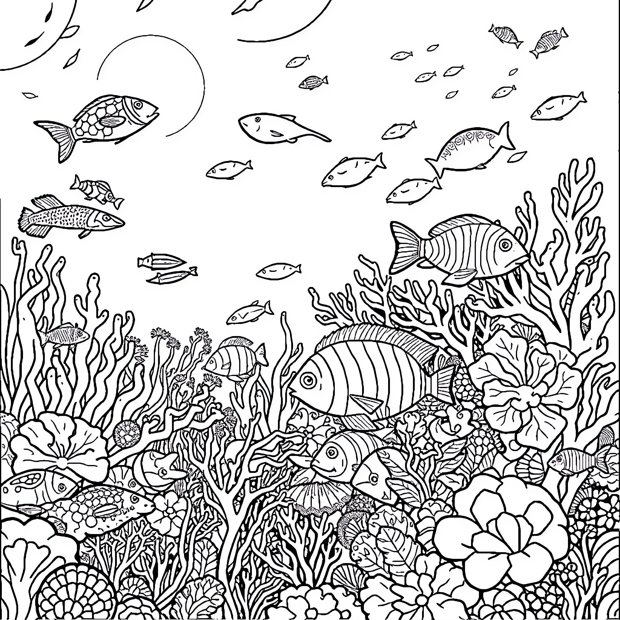 Ocean Animal Underwater Scene with Vibrant Marine Life Coloring Page (free black-and-white line drawing printable PDF for all, from beginners to advanced learners, including children, teens, adults, and seniors)