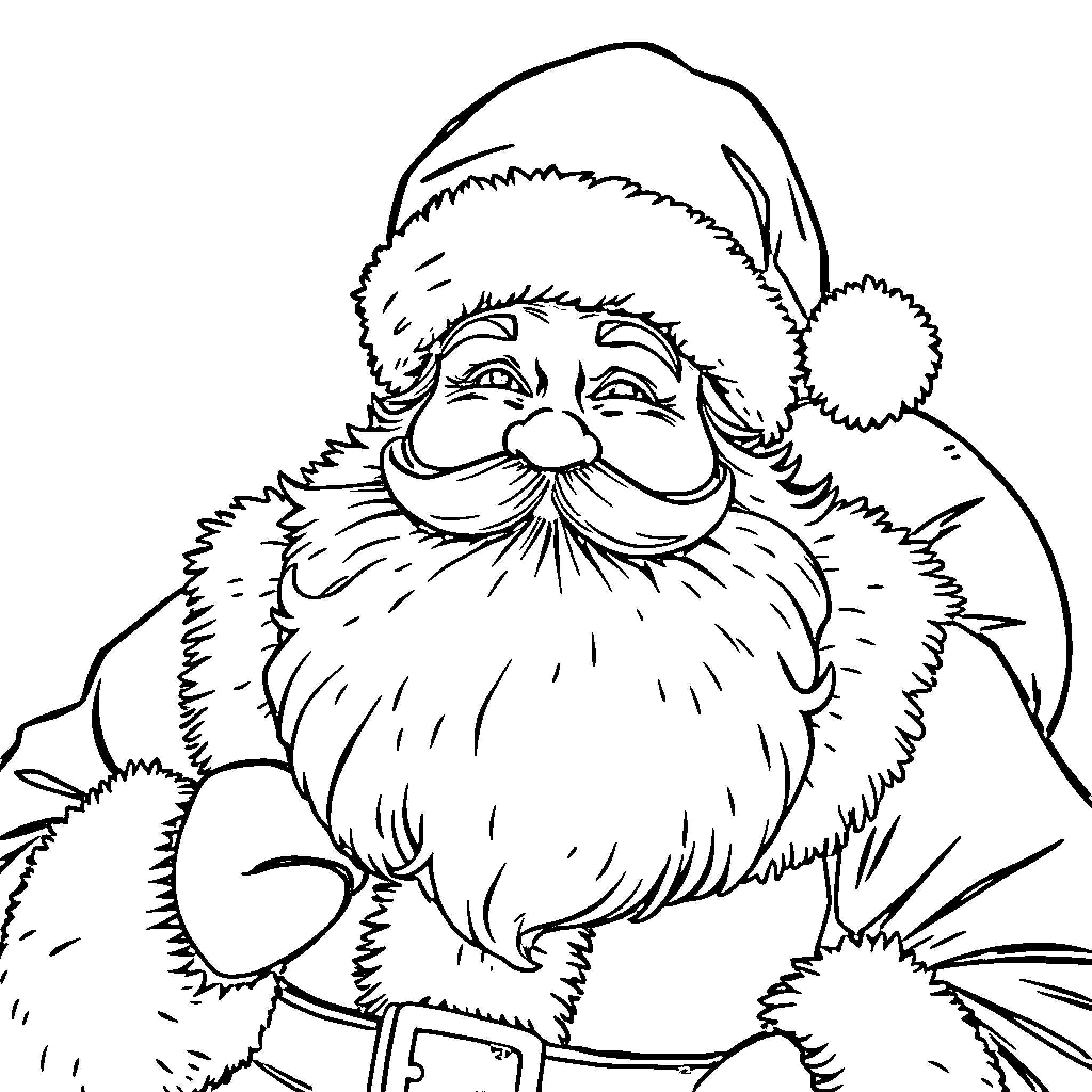 Santa's Jolly Expression and Festive Attire Coloring Page (free black-and-white line drawing printable PDF for all, from beginners to advanced learners, including children, teens, adults, and seniors)