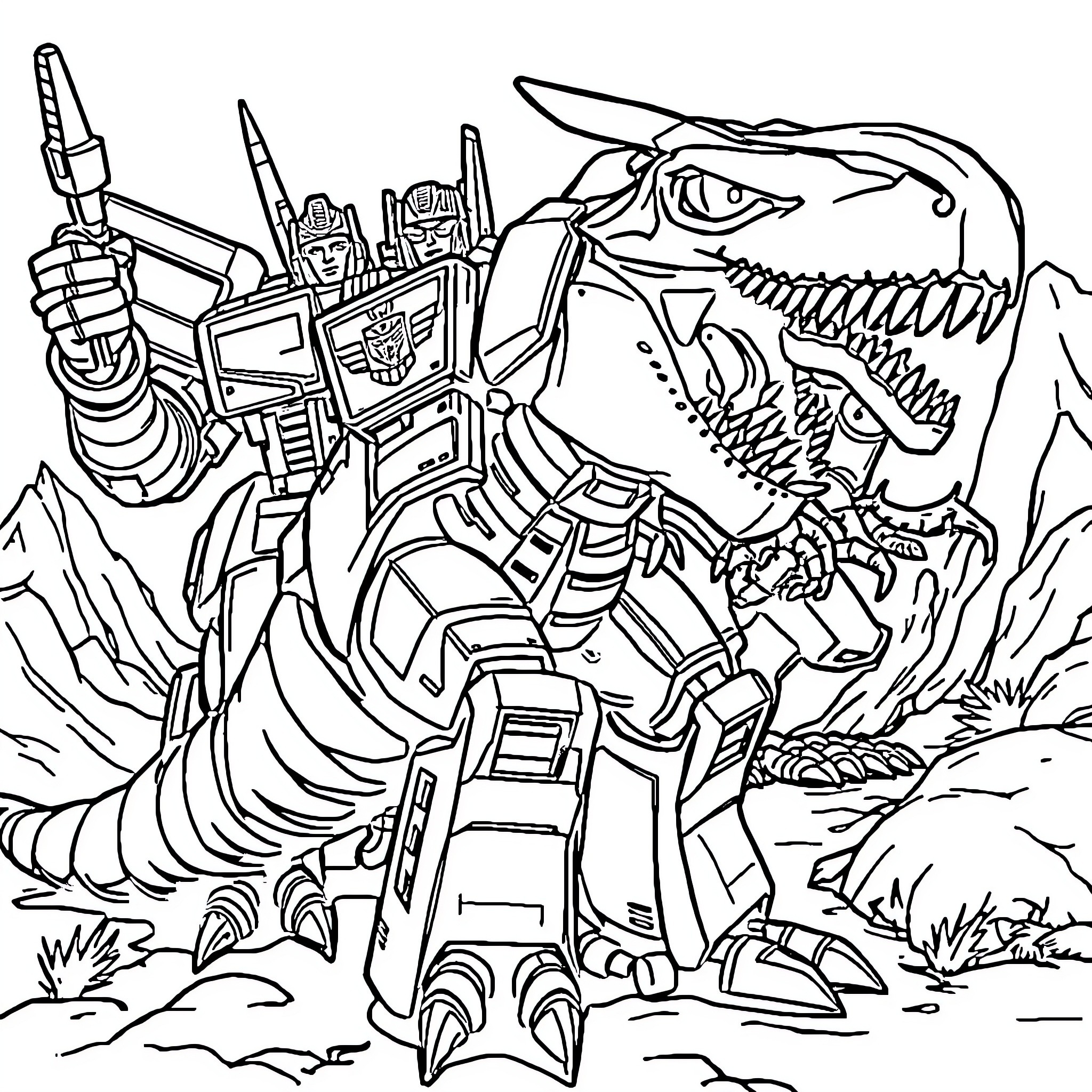 Dinobot mech warrior in the wilderness Coloring Page (free black-and-white line drawing printable PDF for all, from beginners to advanced learners, including children, teens, adults, and seniors)