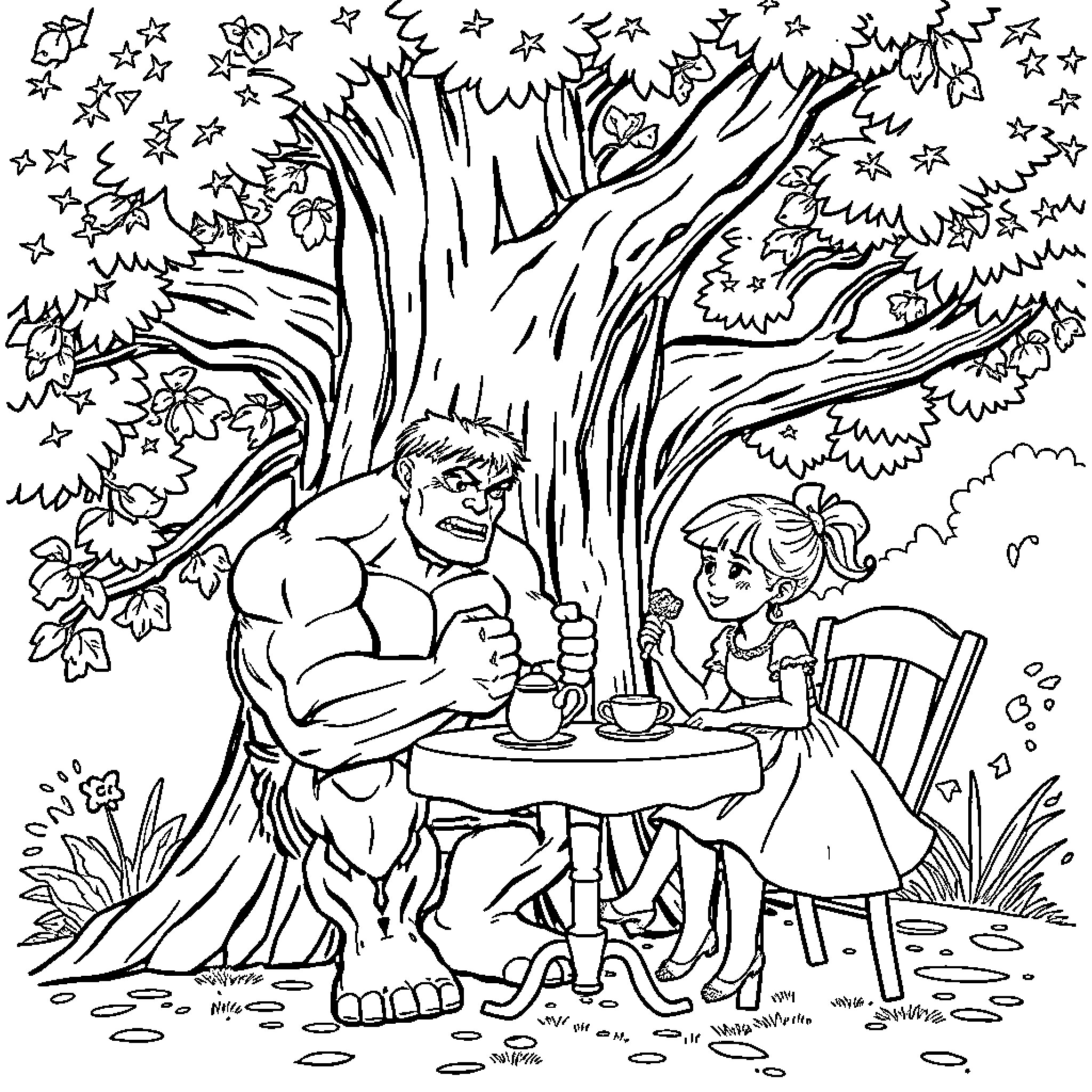 Hulk having a picnic with a young girl in a forest Coloring Page (free black-and-white line drawing printable PDF for all, from beginners to advanced learners, including children, teens, adults, and seniors)
