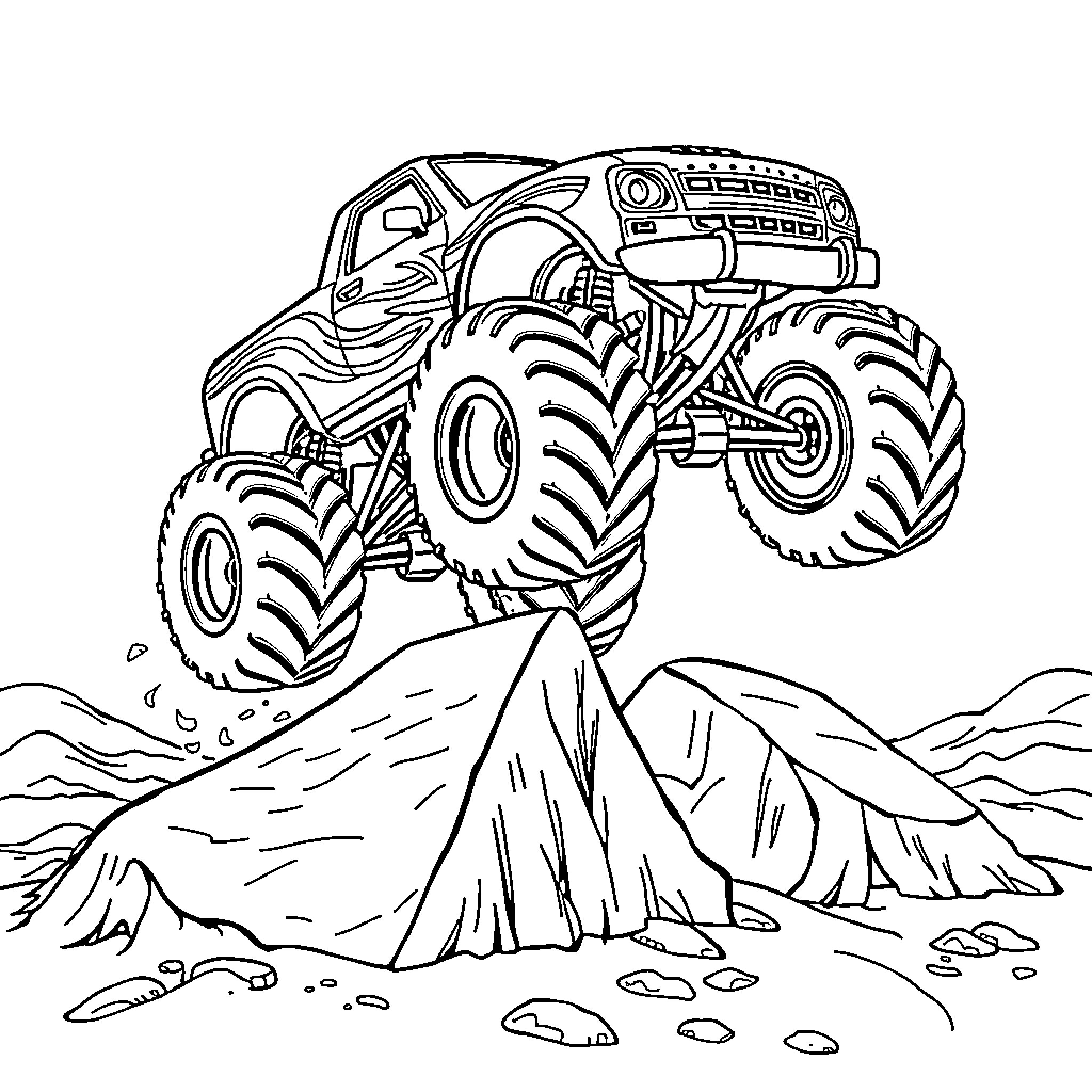 Monster Truck Scaling Rocky Terrain Coloring Page (free black-and-white line drawing printable PDF for all, from beginners to advanced learners, including children, teens, adults, and seniors)