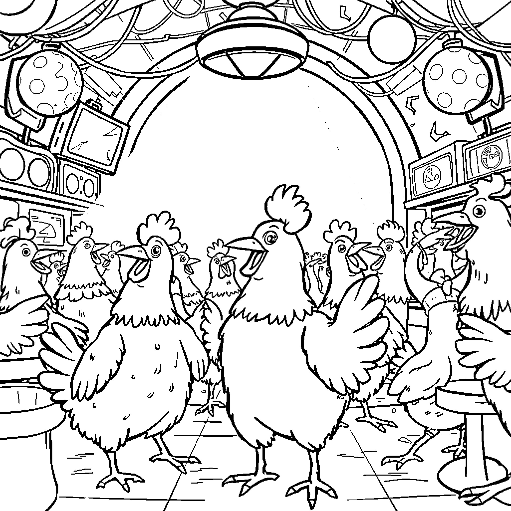 Chicken gathering in the farm setting Coloring Page (free black-and-white line drawing printable PDF for all, from beginners to advanced learners, including children, teens, adults, and seniors)