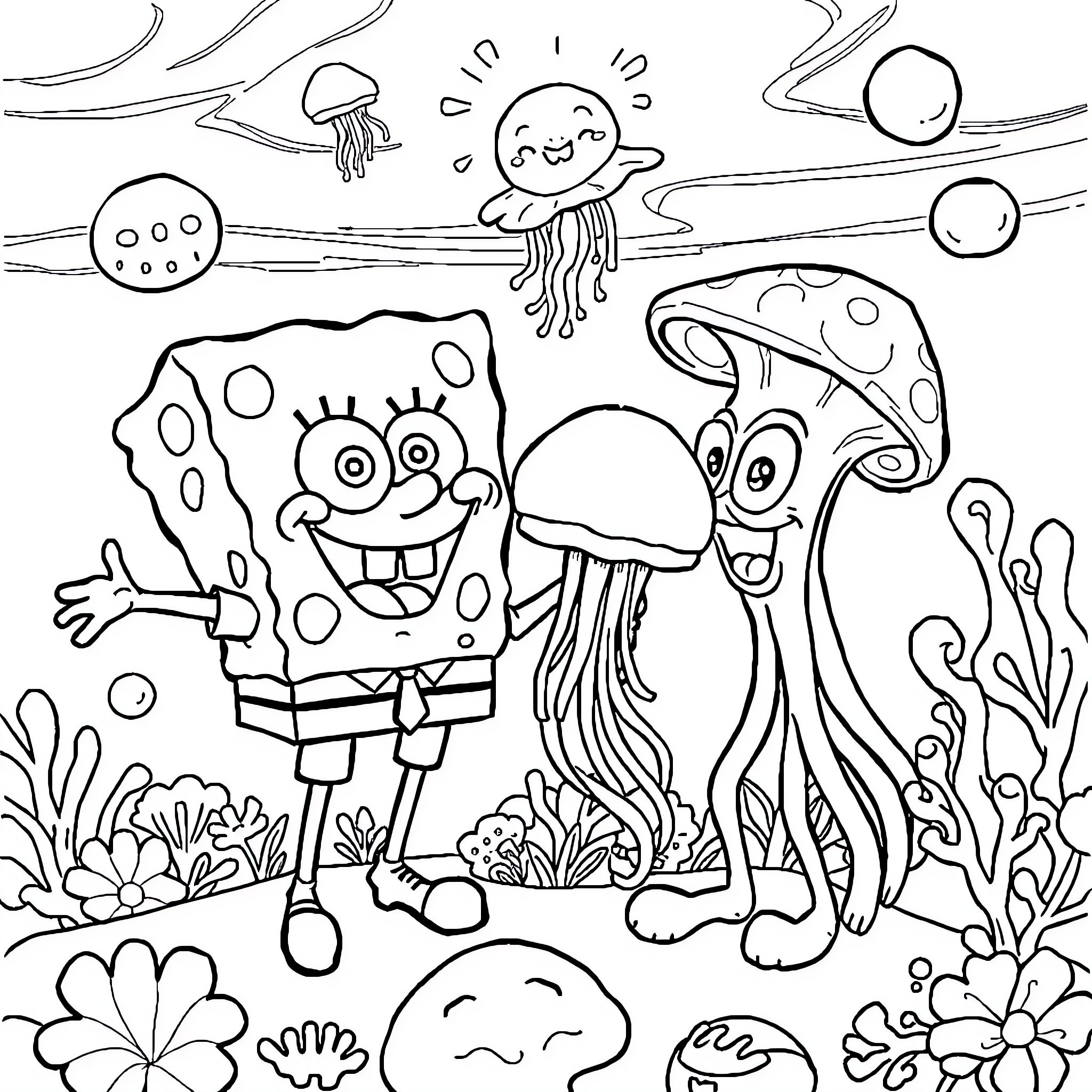 Spongebob and Jellyfish Adventure in the Underwater Garden Coloring Page (free black-and-white line drawing printable PDF for all, from beginners to advanced learners, including children, teens, adults, and seniors)