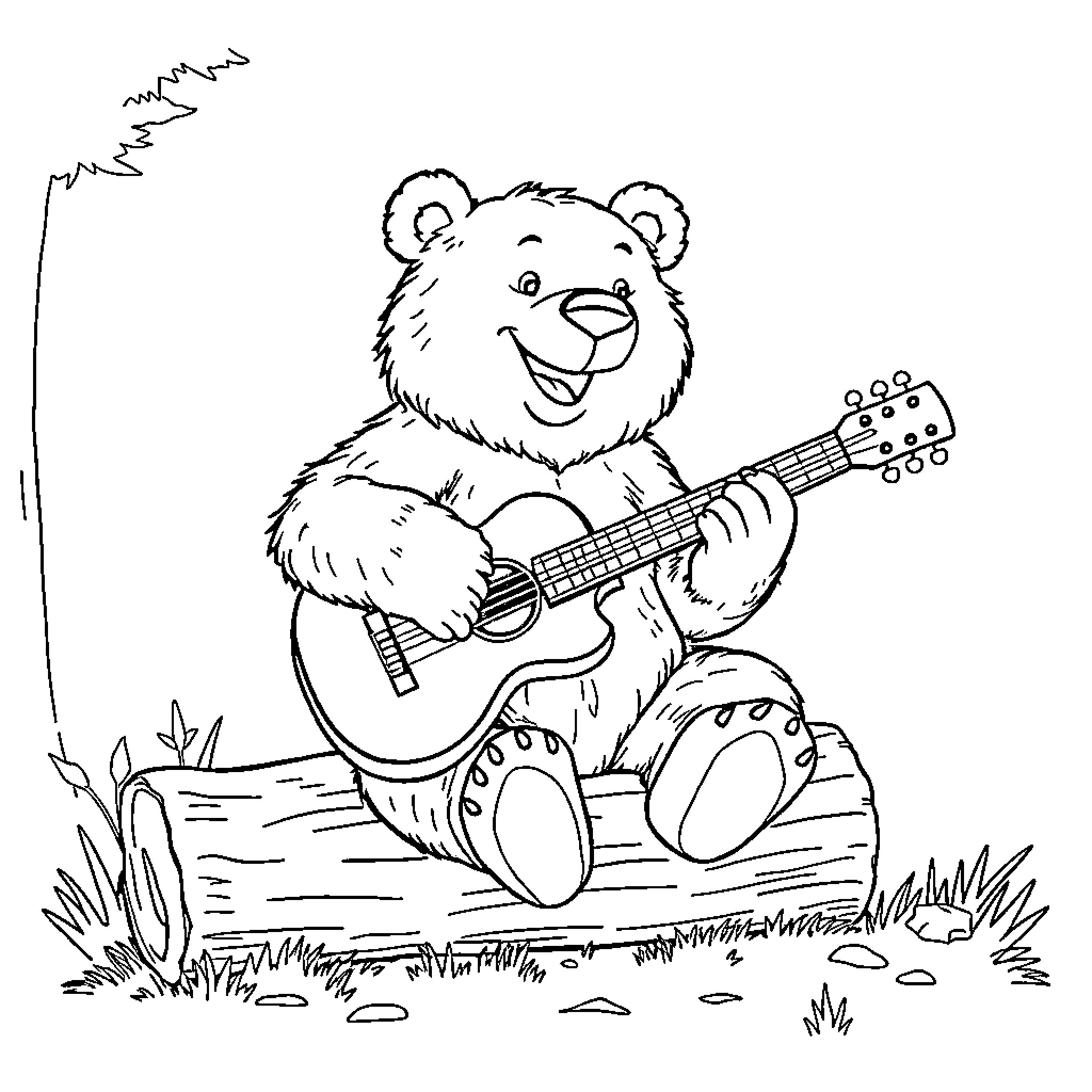 Bear playing guitar in the meadow Coloring Page (free black-and-white line drawing printable PDF for all, from beginners to advanced learners, including children, teens, adults, and seniors)