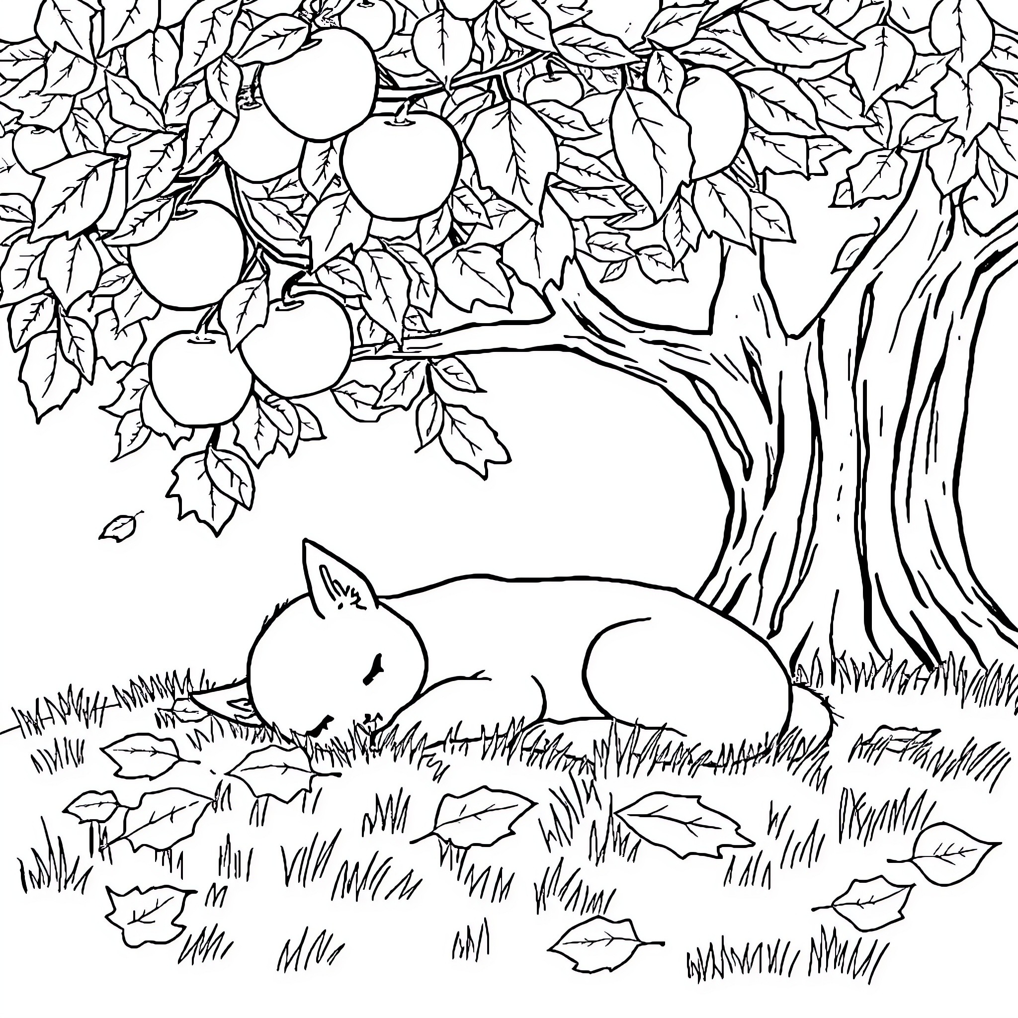Challe Fen Challe Sleeping rabbit under apple tree Coloring Page (free black-and-white line drawing printable PDF for all, from beginners to advanced learners, including children, teens, adults, and seniors)
