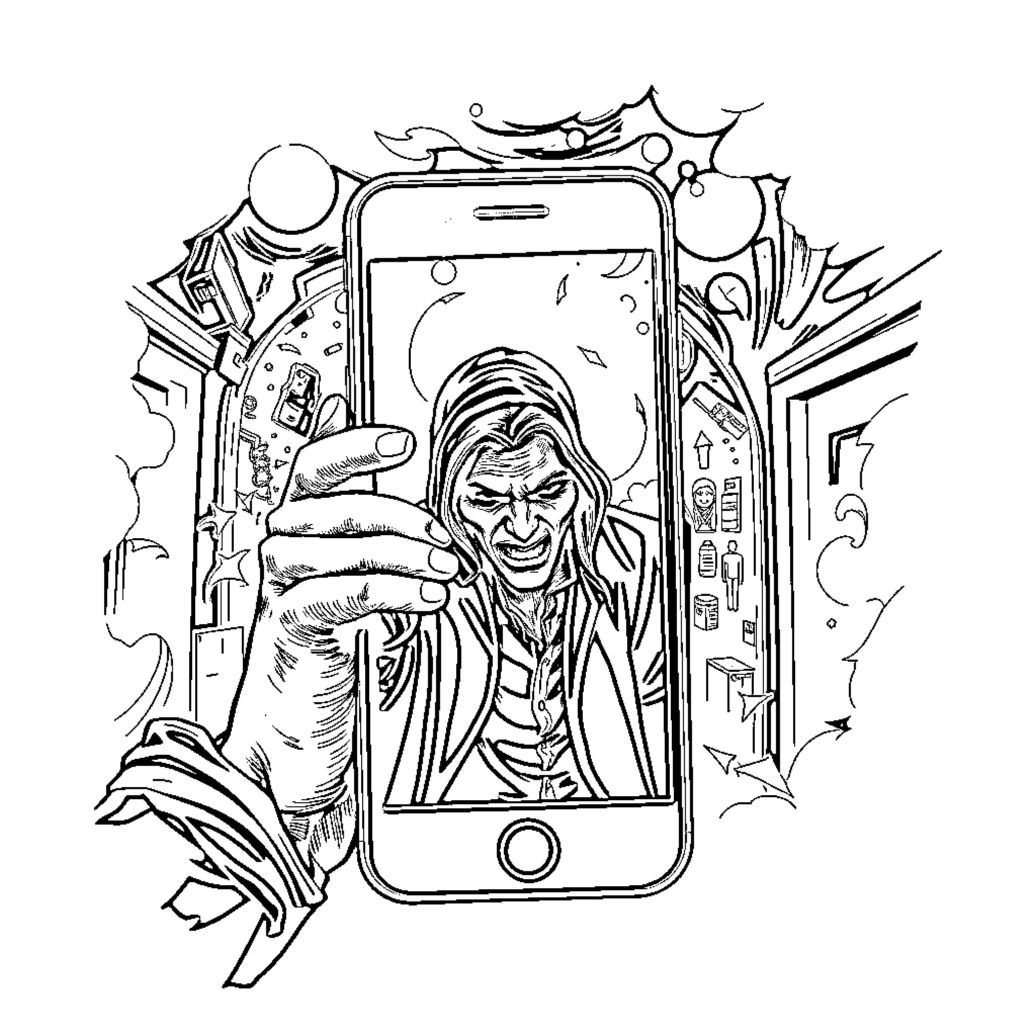 Phone Selfie of Unusual Character Coloring Page (free black-and-white line drawing printable PDF for all, from beginners to advanced learners, including children, teens, adults, and seniors)