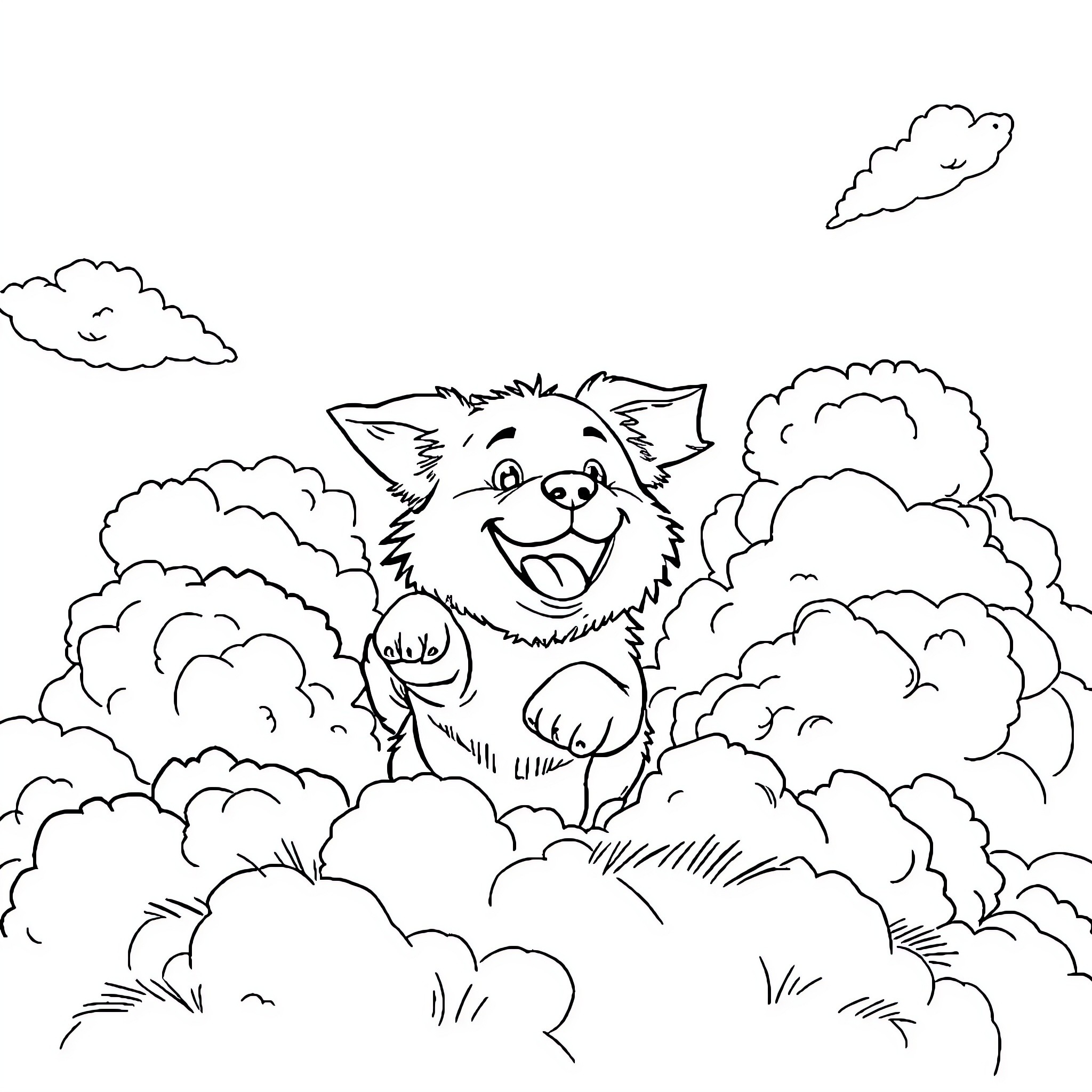Dog playing playfully in fluffy clouds Coloring Page (free black-and-white line drawing printable PDF for all, from beginners to advanced learners, including children, teens, adults, and seniors)