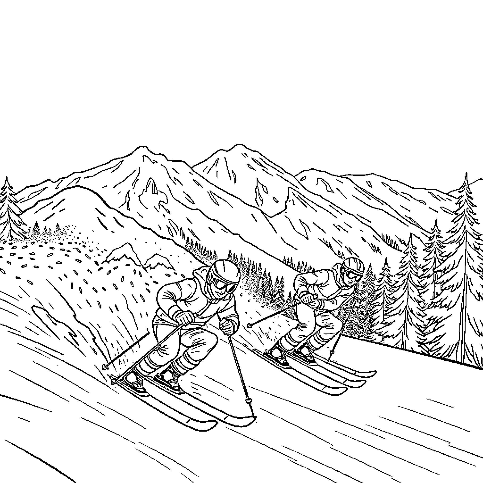 Skiers racing down snowy slopes amid mountain peaks Coloring Page (free black-and-white line drawing printable PDF for all, from beginners to advanced learners, including children, teens, adults, and seniors)