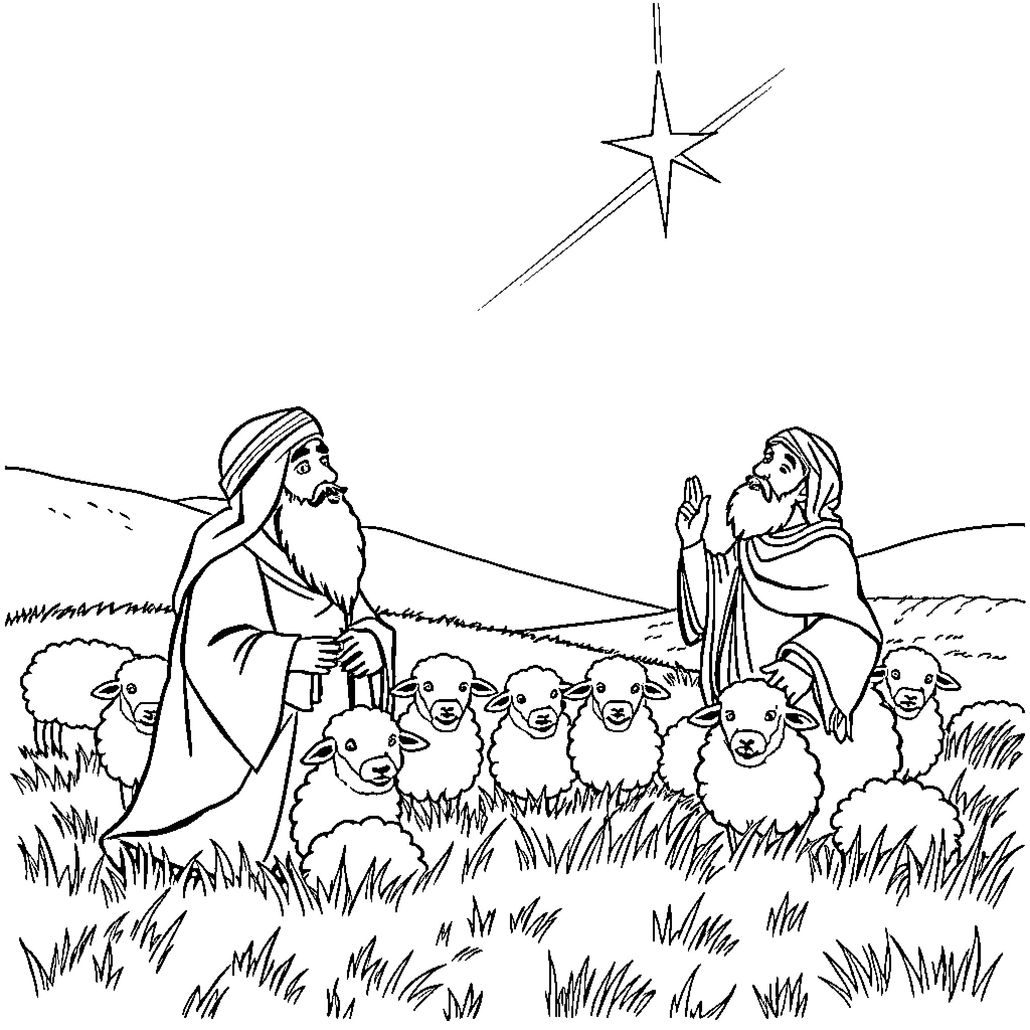 Shepherd watches over flock under guiding star Coloring Page (free black-and-white line drawing printable PDF for all, from beginners to advanced learners, including children, teens, adults, and seniors)