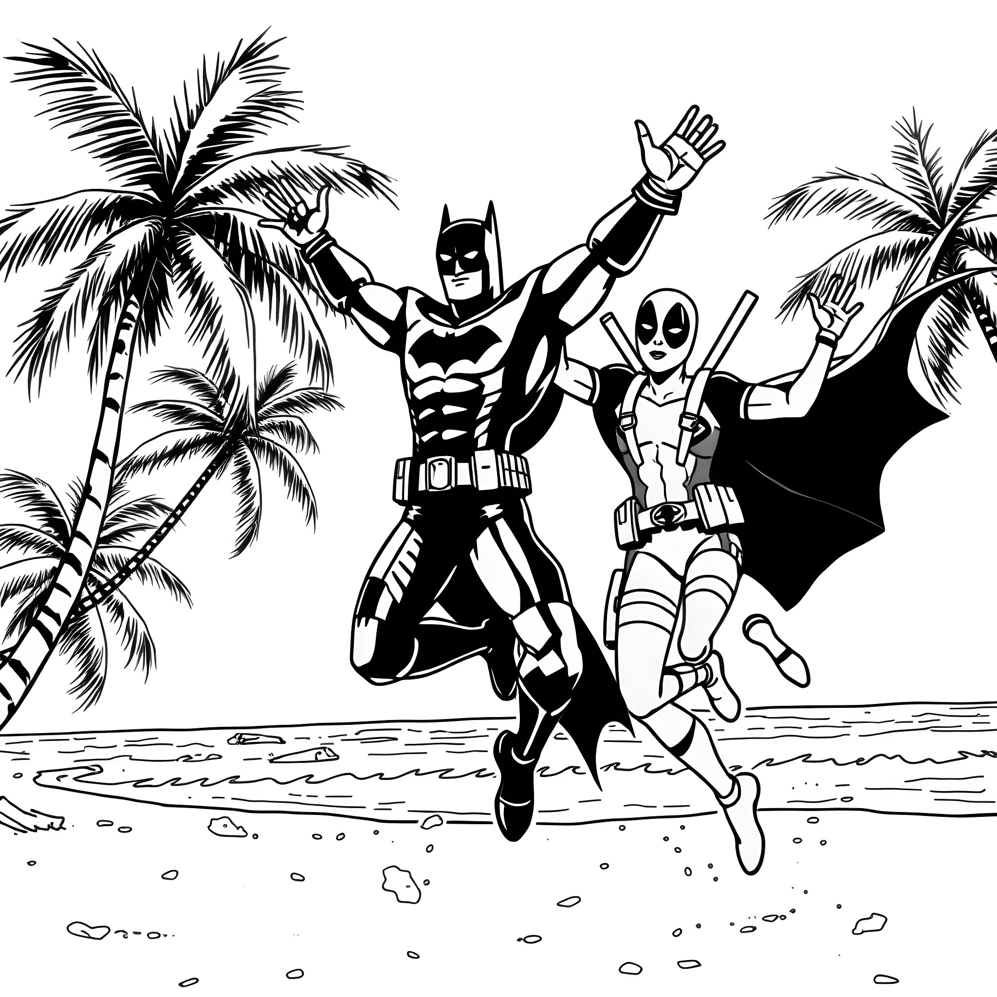 Batman and Deadpool beach adventure Coloring Page (free black-and-white line drawing printable PDF for all, from beginners to advanced learners, including children, teens, adults, and seniors)