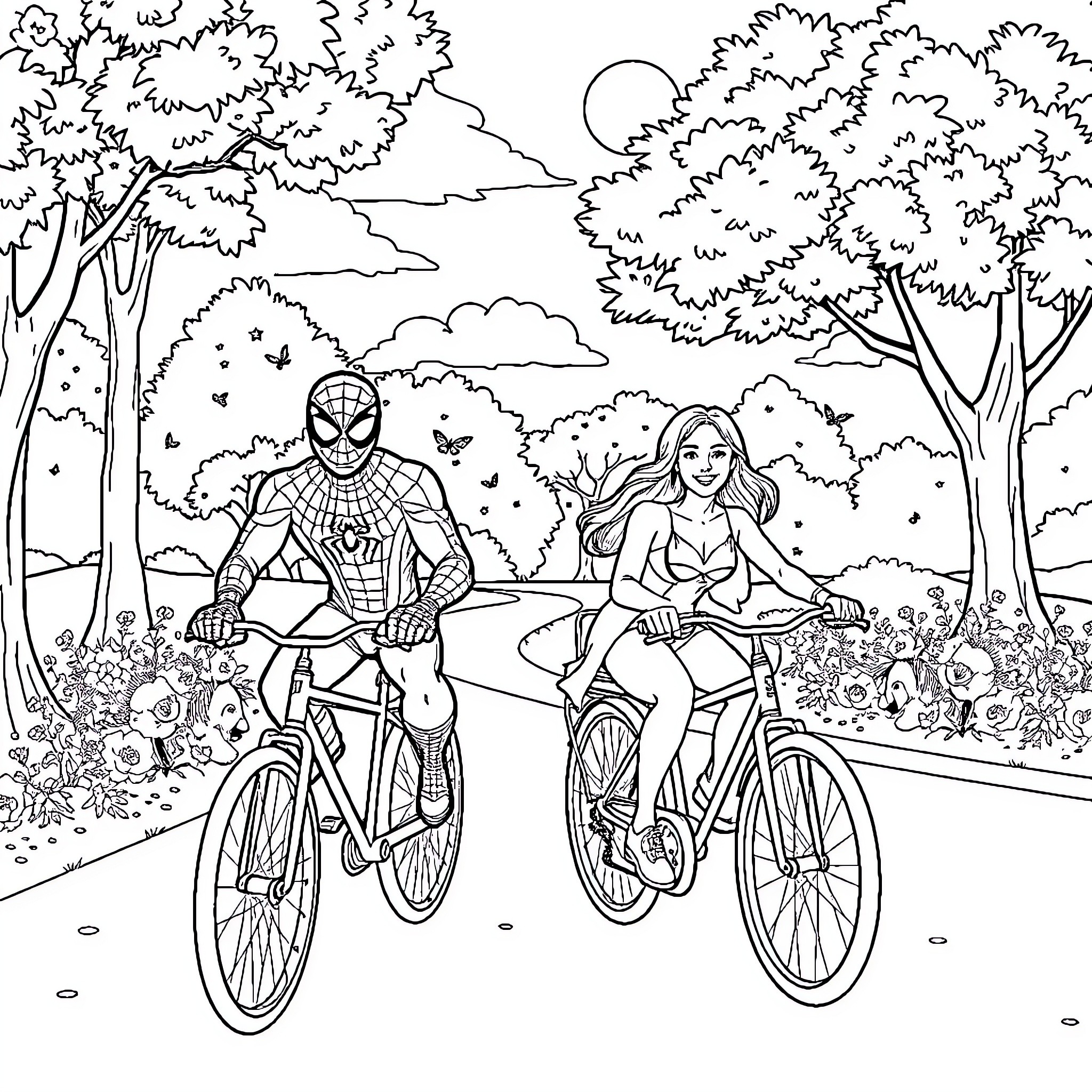 Spiderman and Girlfriend Enjoy Outdoor Bike Ride Coloring Page (free black-and-white line drawing printable PDF for all, from beginners to advanced learners, including children, teens, adults, and seniors)