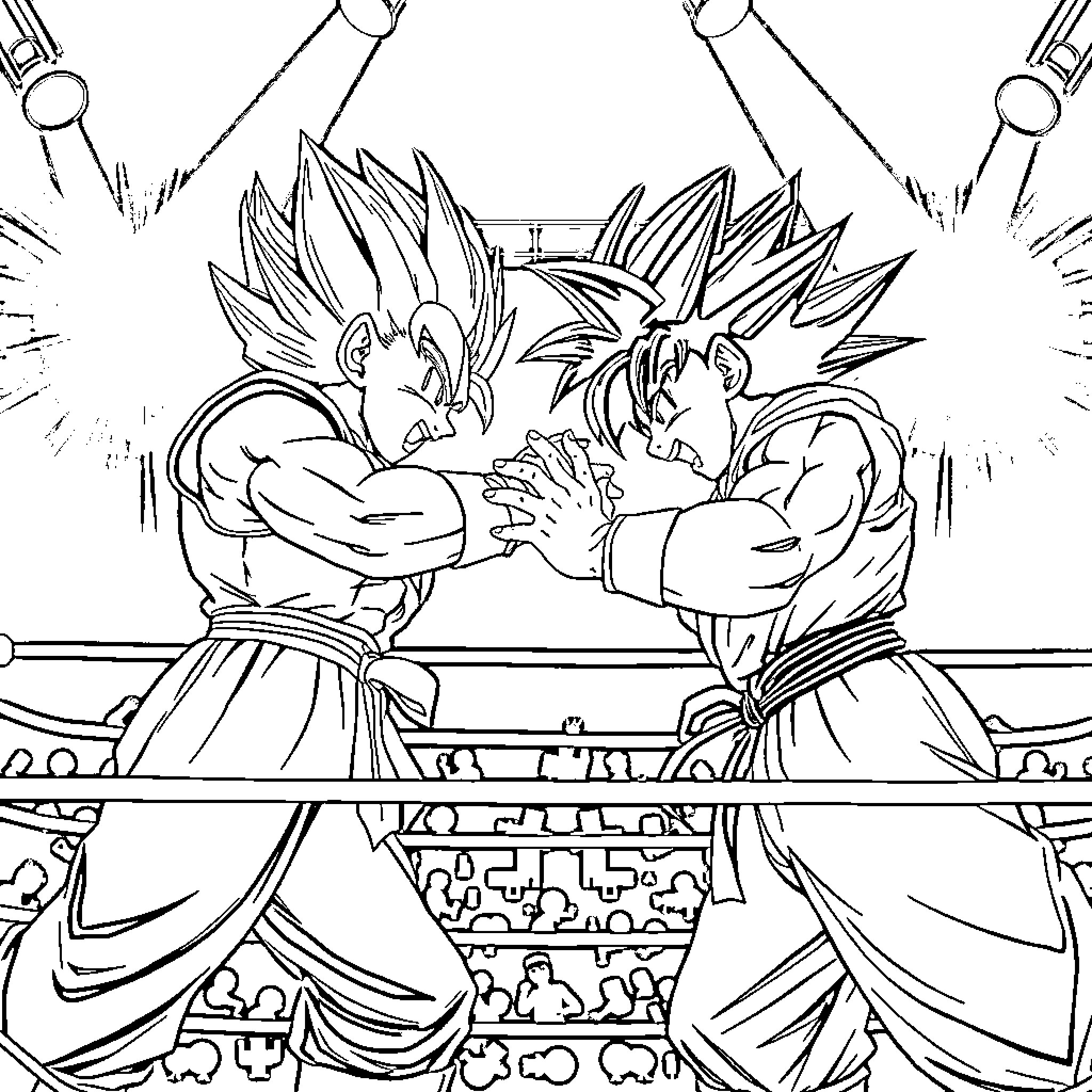 Vegeta characters engaged in intense combat Coloring Page (free black-and-white line drawing printable PDF for all, from beginners to advanced learners, including children, teens, adults, and seniors)