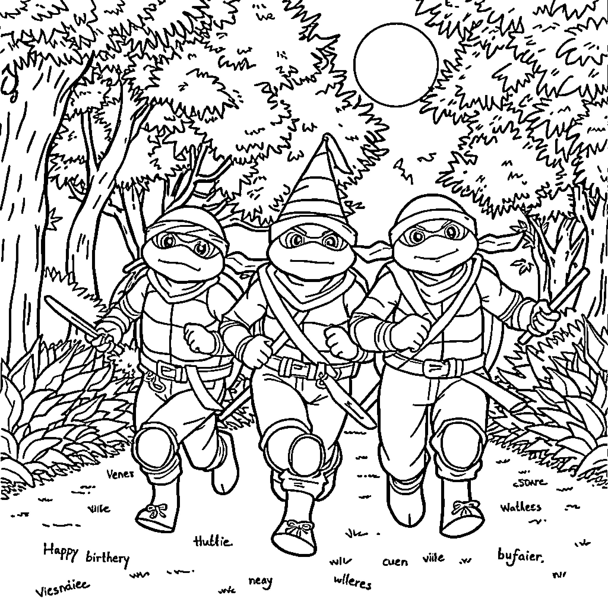 Teenage Mutant Ninja Turtles in the Forest Coloring Page (free black-and-white line drawing printable PDF for all, from beginners to advanced learners, including children, teens, adults, and seniors)