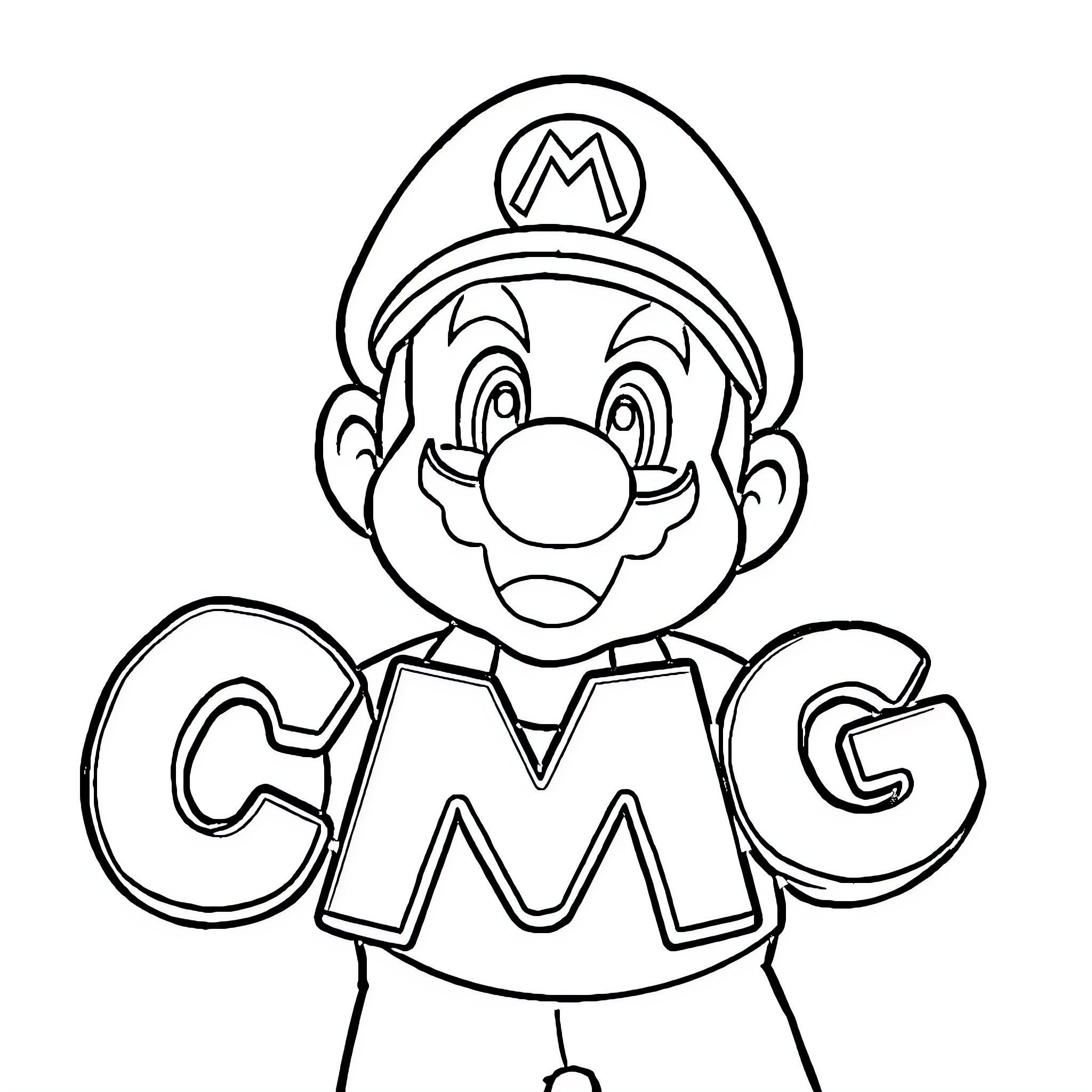 Mario in Playful Stance with CMG Initials Coloring Page (free black-and-white line drawing printable PDF for all, from beginners to advanced learners, including children, teens, adults, and seniors)