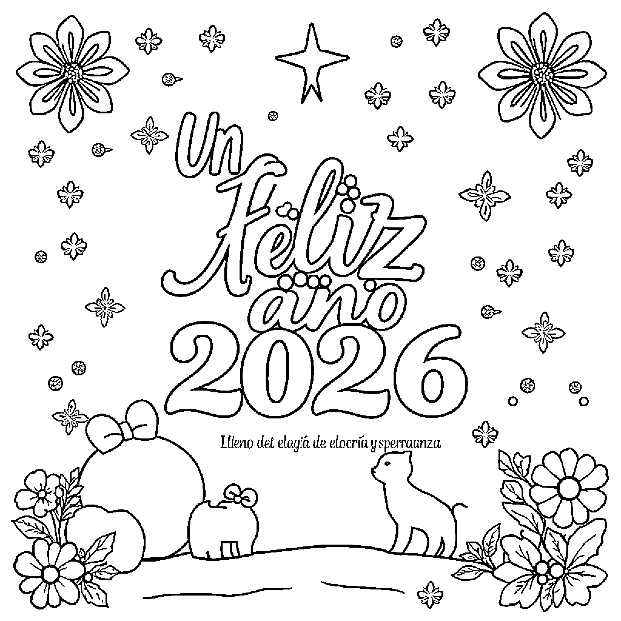 Happy Year with Flowers and New Year's Wishes Coloring Page (free black-and-white line drawing printable PDF for all, from beginners to advanced learners, including children, teens, adults, and seniors)