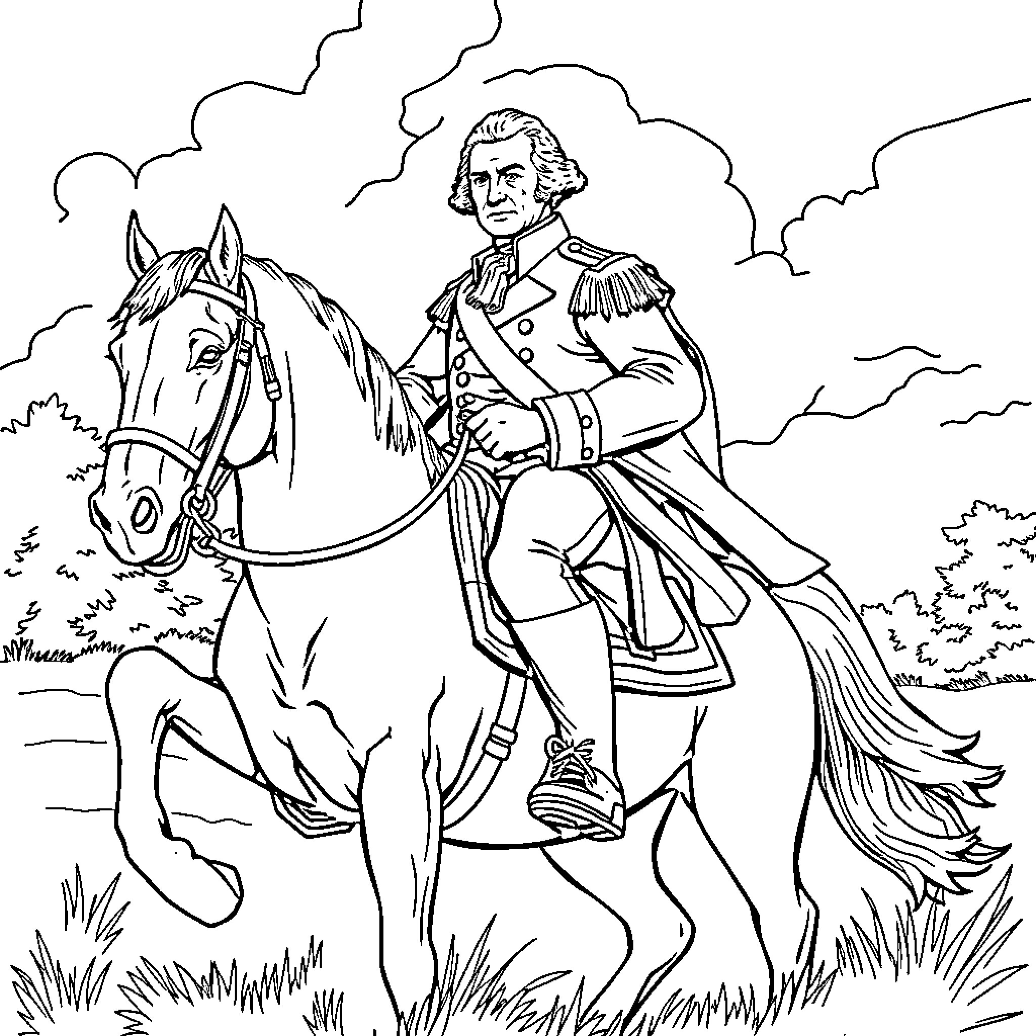 George Washington Riding a Horse in Military Uniform Coloring Page (free black-and-white line drawing printable PDF for all, from beginners to advanced learners, including children, teens, adults, and seniors)