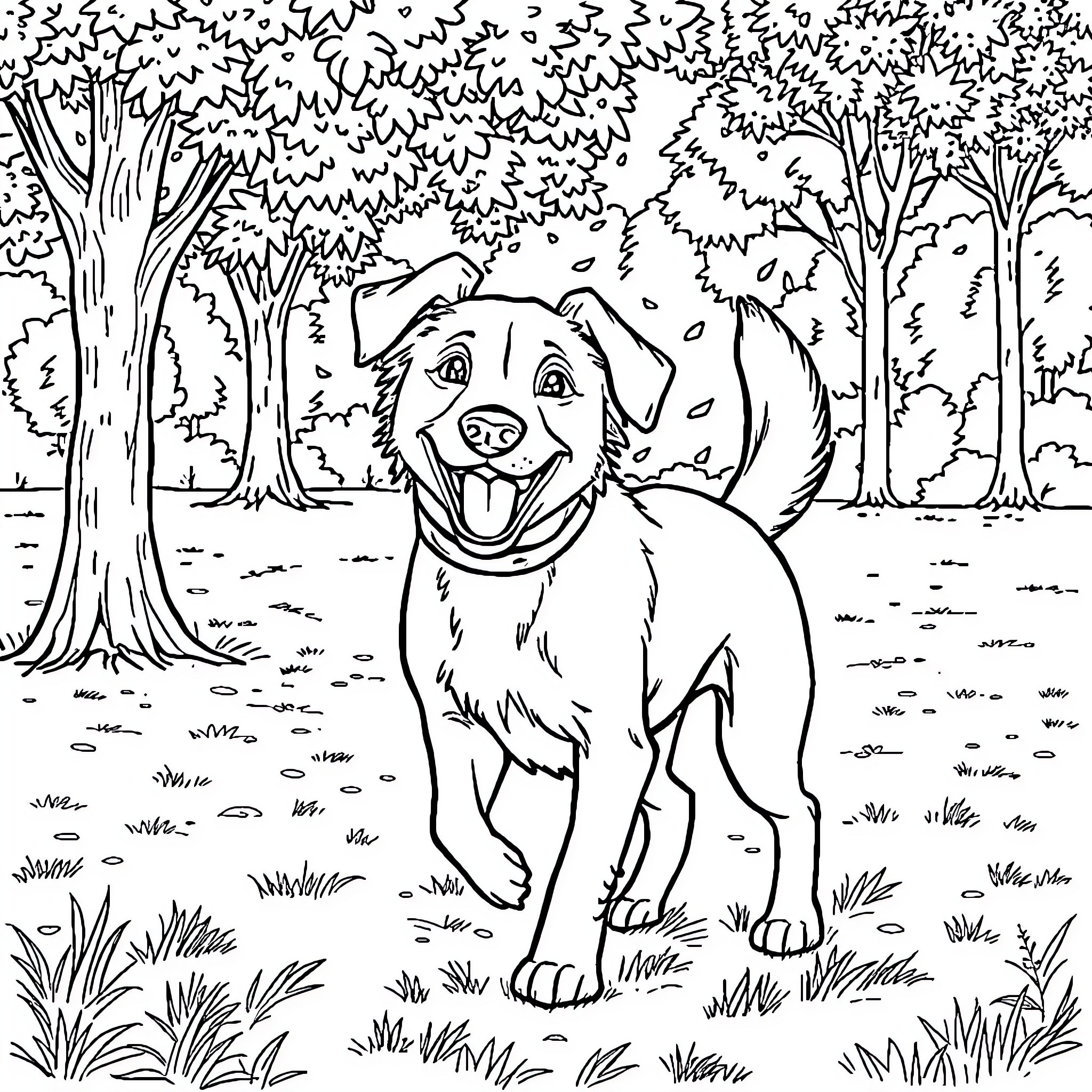 Dog exploring the forest with a happy expression Coloring Page (free black-and-white line drawing printable PDF for all, from beginners to advanced learners, including children, teens, adults, and seniors)