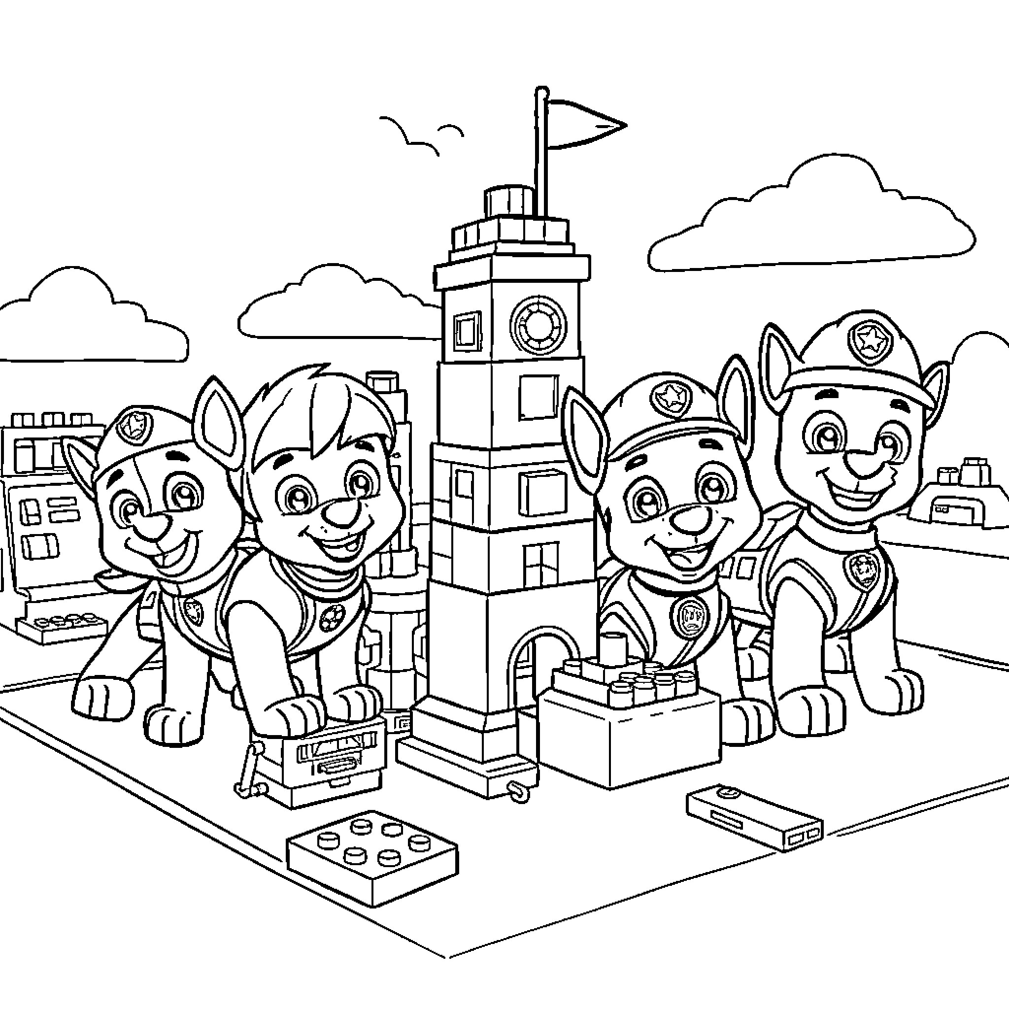 Paw Patrol Pups Building a Lego Tower Coloring Page (free black-and-white line drawing printable PDF for all, from beginners to advanced learners, including children, teens, adults, and seniors)