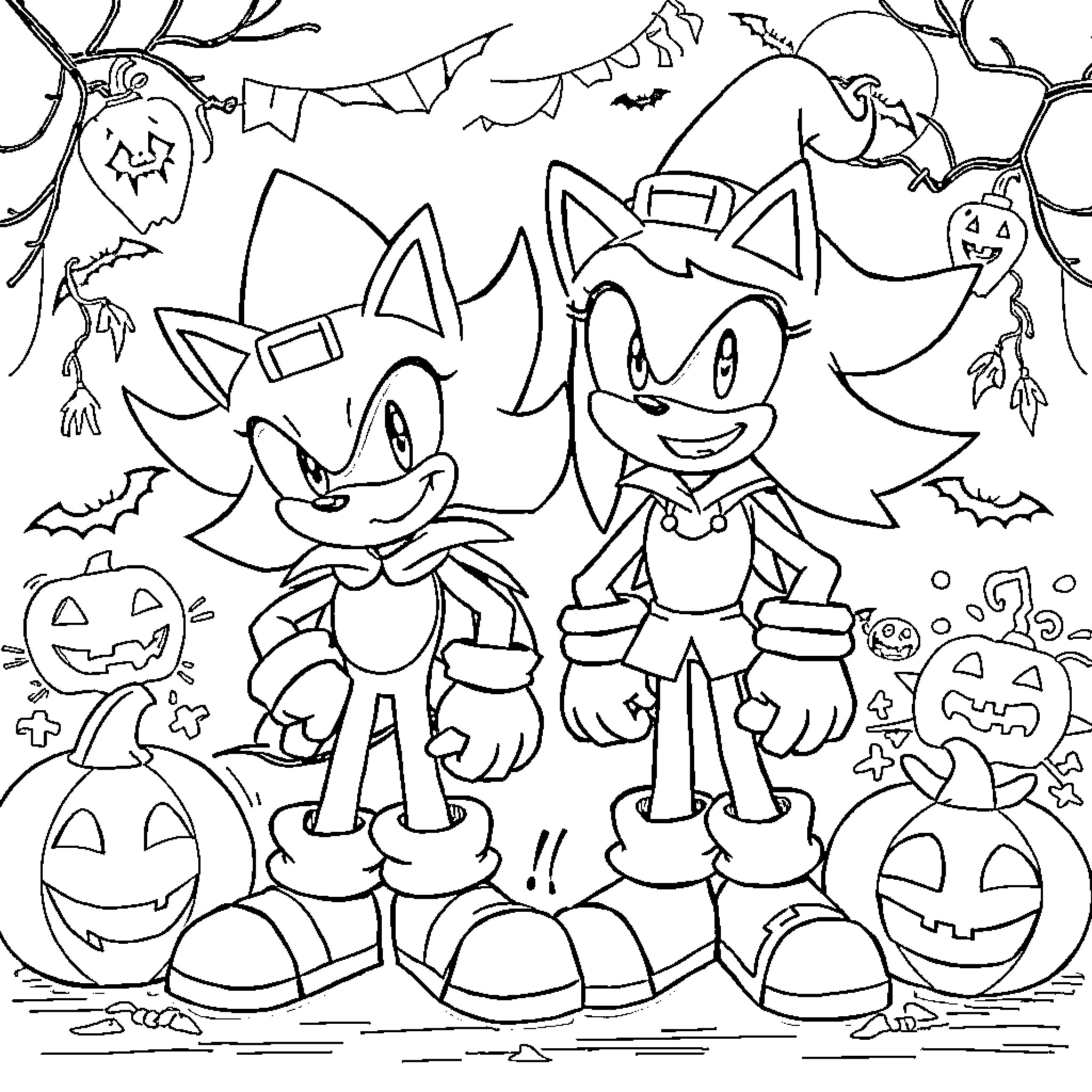 Sonic characters in Halloween costumes and decorations Coloring Page (free black-and-white line drawing printable PDF for all, from beginners to advanced learners, including children, teens, adults, and seniors)