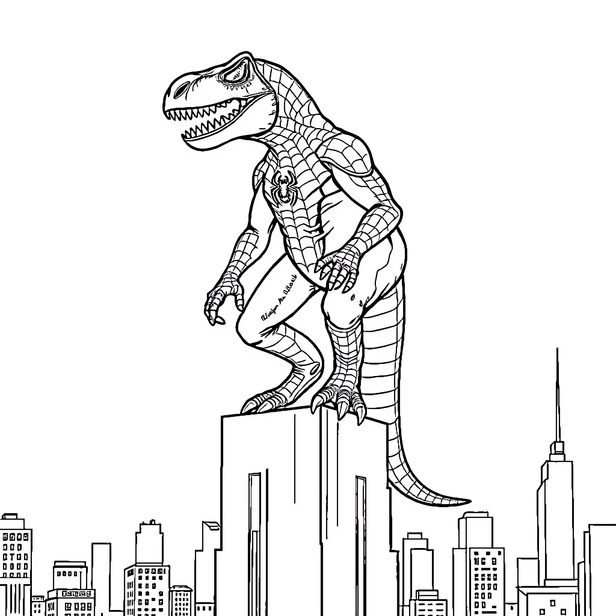 Spiderman Dinosaur Towering Over City Skyline Coloring Page (free black-and-white line drawing printable PDF for all, from beginners to advanced learners, including children, teens, adults, and seniors)
