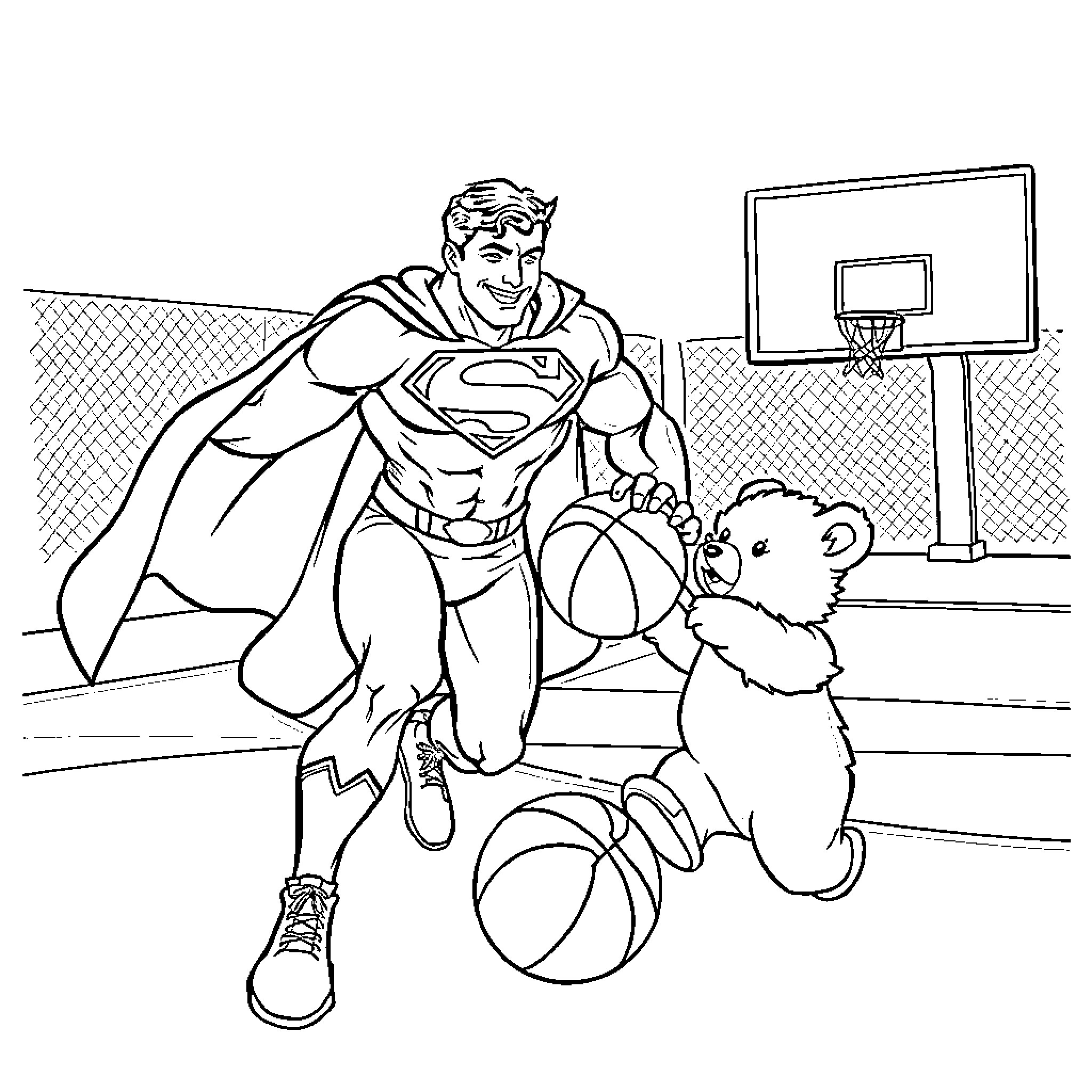 Superman plays with a teddy bear on the basketball court Coloring Page (free black-and-white line drawing printable PDF for all, from beginners to advanced learners, including children, teens, adults, and seniors)
